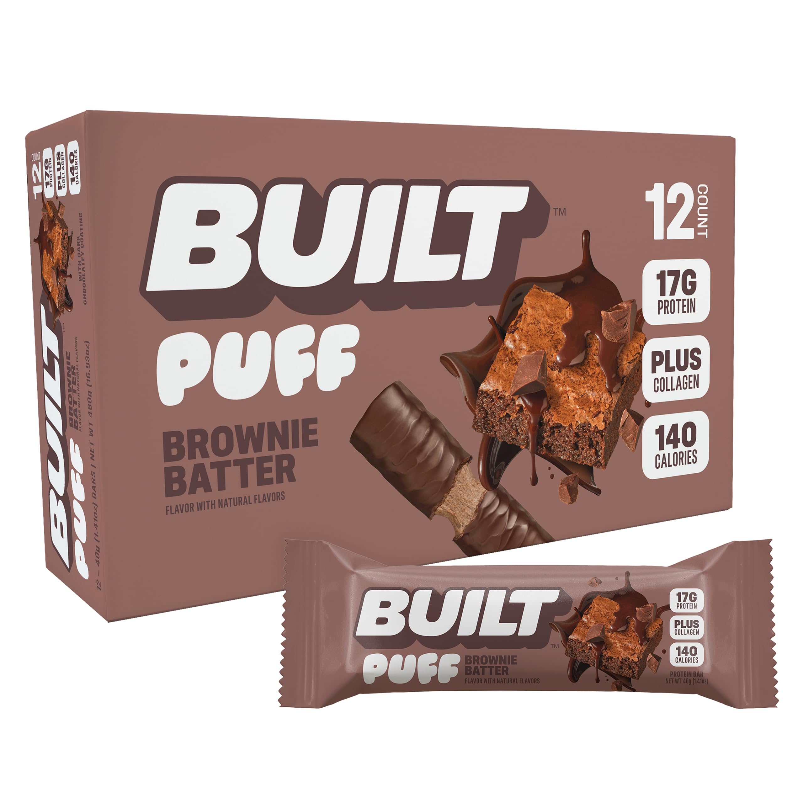 BUILT Bar Puff Protein Bars - Variety Pack - 15-17g Protein Snack Bars with Collagen - Calorie Conscious & Gluten Free - 12 Count, Variety May Vary | Protein Snack Bars with Collagen, Calorie Conscious, Gluten Free