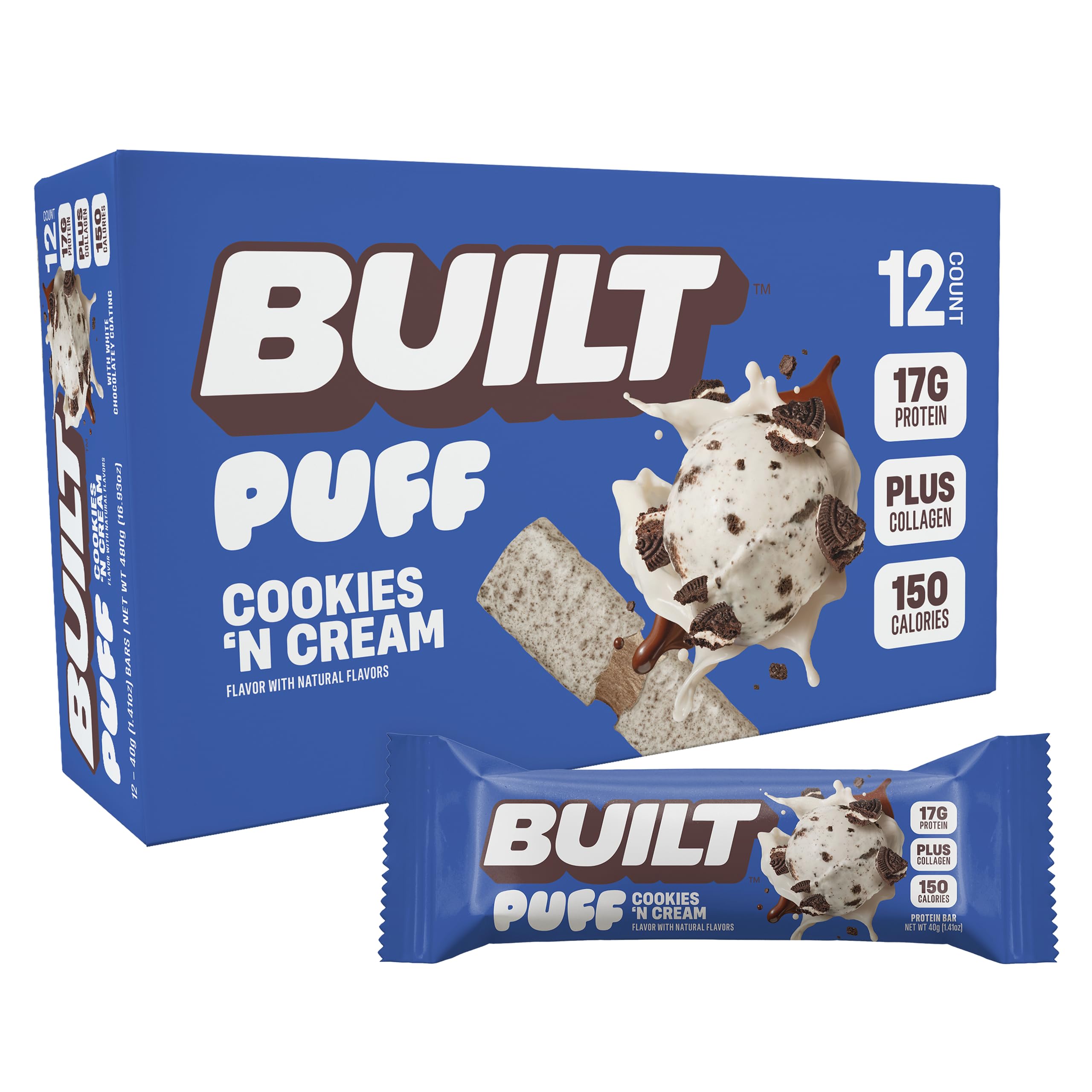 BUILT Bar Puff Protein Bars - Variety Pack - 15-17g Protein Snack Bars with Collagen - Calorie Conscious & Gluten Free - 12 Count, Variety May Vary | Protein Snack Bars with Collagen, Calorie Conscious, Gluten Free