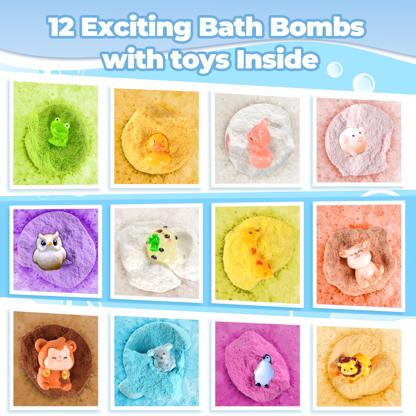 Bath Bombs for Kids with Surprise Toys Inside, 12 Pcs Bubble Bath Fizzy Balls with 12 Animal Shapes, Natural Bath Bombs Birthday Christmas Gift Set for Kids Girls Boys Toddlers