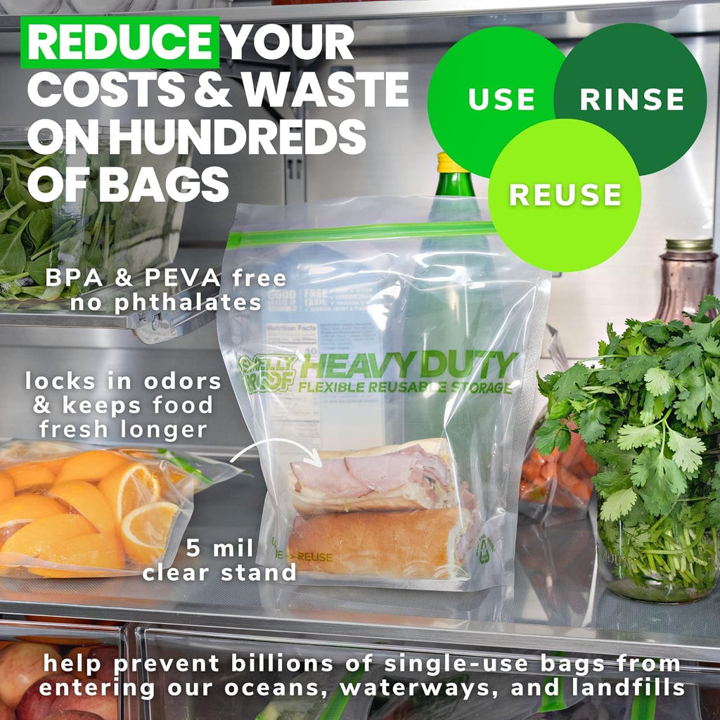Smelly Proof HEAVY DUTY Reusable STAND-UP Bags for Food Storage, USA Made, NO PEVA & BPA FREE, Reusable Freezer Bags, Dishwasher-Safe, Triple Zip, CLEAR 5-mils XXL 2-Gallon 12" x 16" - 5pk