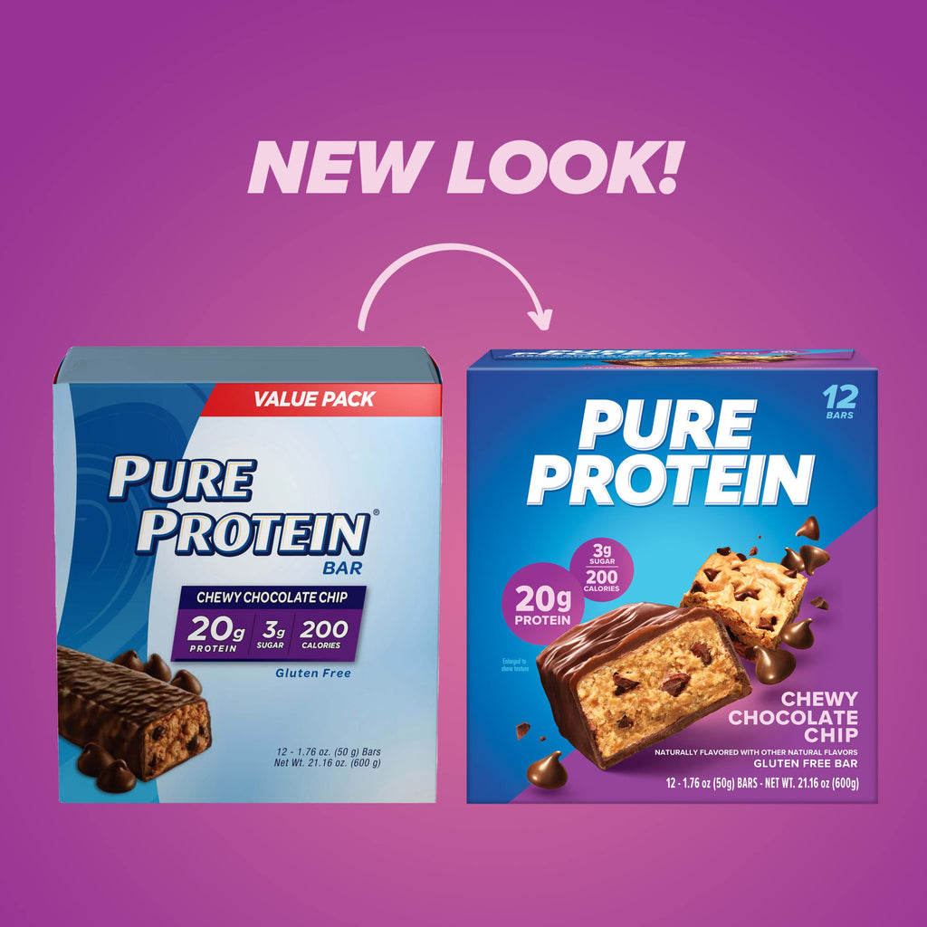 Pure Protein Chocolate Peanut Butter Protein Bars – 20g Protein, 3g Sugar, 190 Calories (12 count) Low Sugar* High Protein Snack - Gluten Free - Perfect for a Healthy Snack