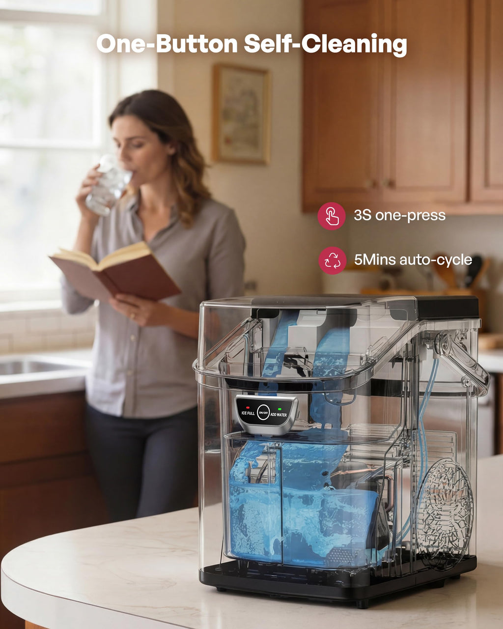 ICYGLEE Nugget Ice Maker Countertop with Handle, Ready in 4 Mins, Max 40lbs/24H, Chewable Ice, Self-Cleaning, Portable Sonic Ice Maker with Basket and Scoop, for Home/Party/RV/Camping (Black)