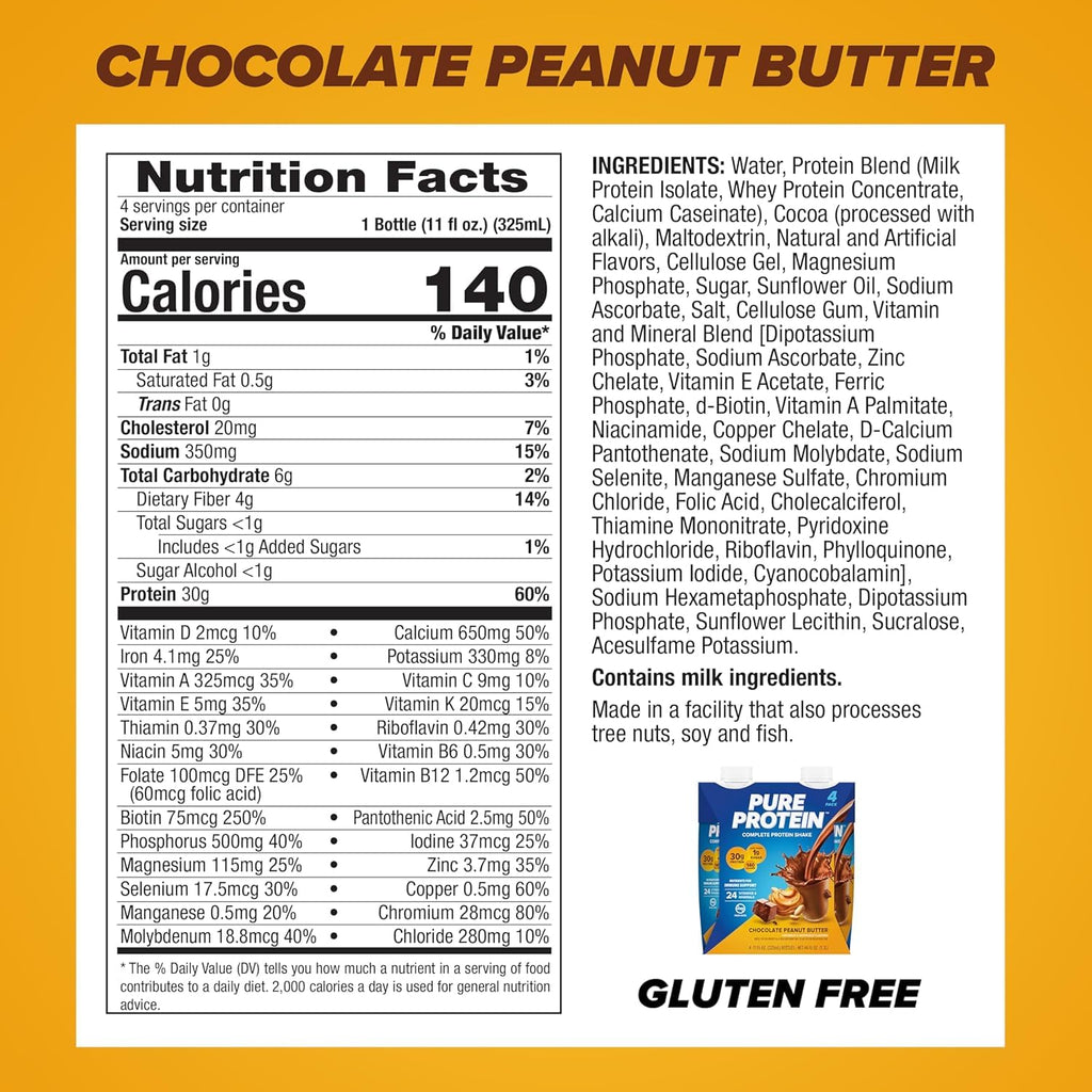 Pure Protein Chocolate Protein Shake, 30g Complete Protein, Ready to Drink and Keto-Friendly, Vitamins A, C, D, and E plus Zinc to Support Immune Health, 11oz Bottles, 12 Pack