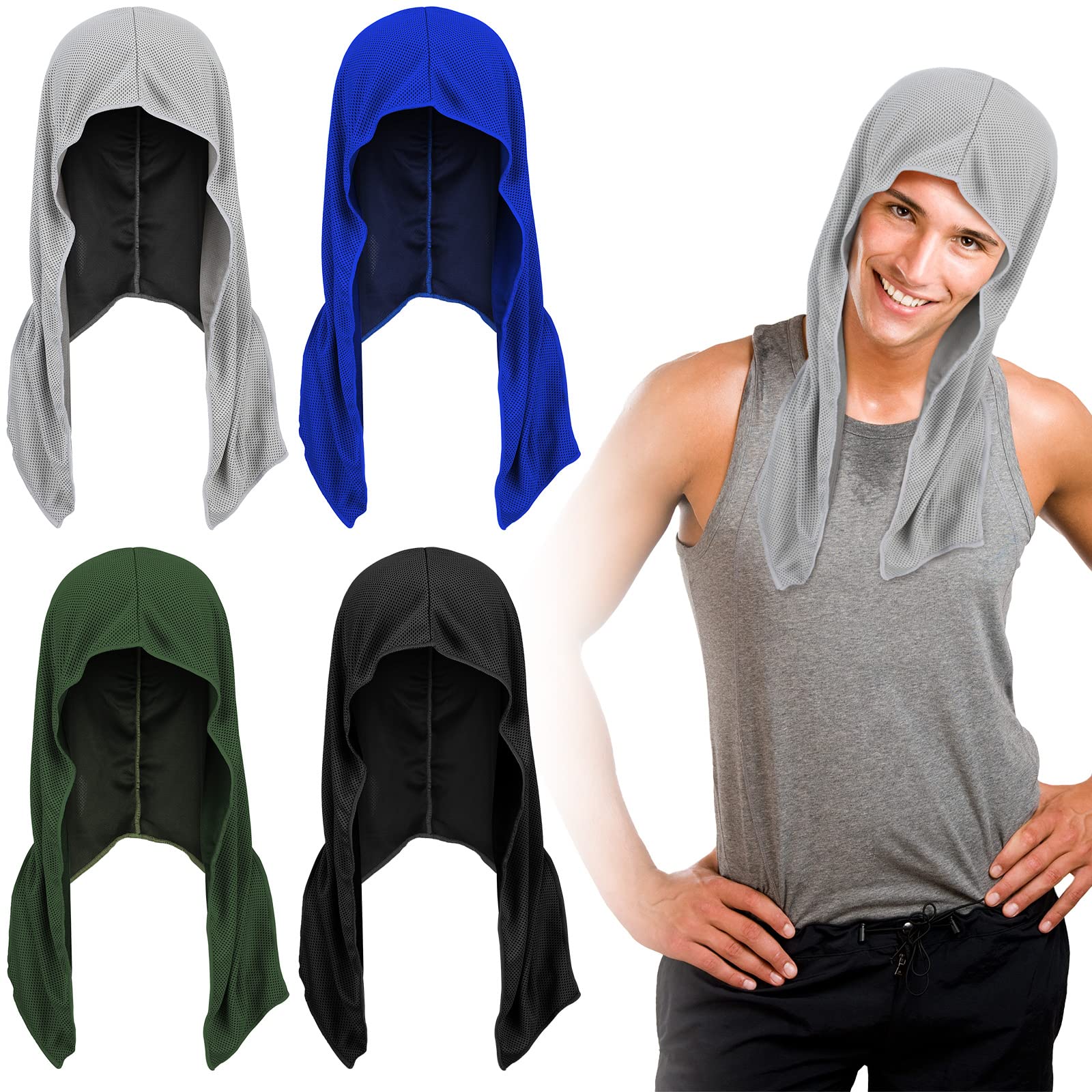 Bencailor 4 Pack Cooling Hoodie Towels Cooling Towels for Neck and Face Head Wrap UPF 50 UV Sun Protection for Sport Workout Camping(Black and Gray,Classic Style)