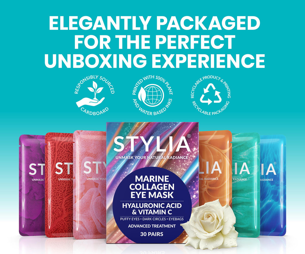 Stylia Collagen & Vitamin C Under Eye Patches for Puffy Eyes & Dark Circles - Depuffing, Hydrating & Firming Under Eye Mask with Hyaluronic Acid - Stocking Stuffers for Teen Girls, Vegan (30 Pairs)