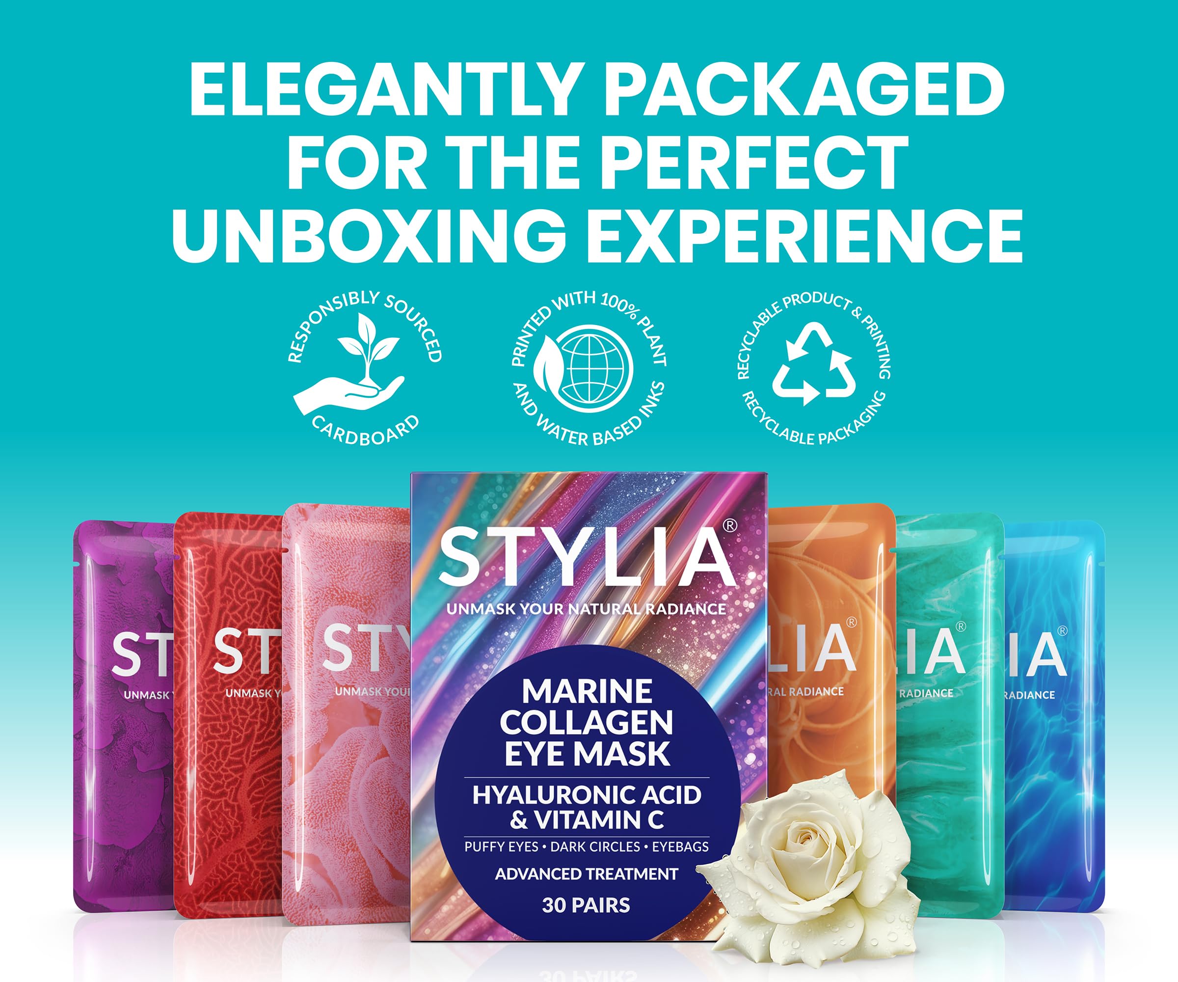 Stylia Collagen & Vitamin C Under Eye Patches for Puffy Eyes & Dark Circles - Depuffing, Hydrating & Firming Under Eye Mask with Hyaluronic Acid - Stocking Stuffers for Teen Girls, Vegan (30 Pairs)