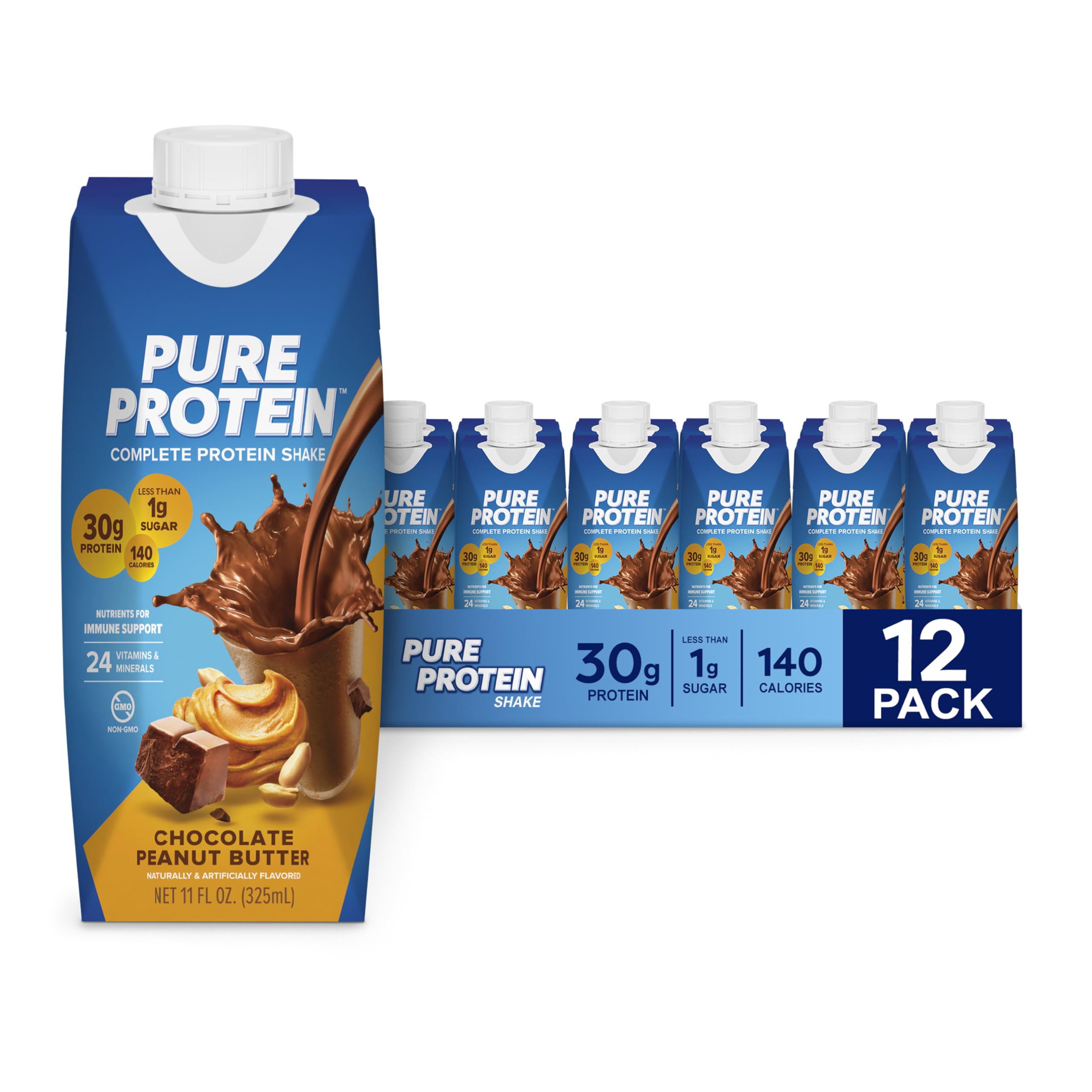 Pure Protein Chocolate Protein Shake, 30g Complete Protein, Ready to Drink and Keto-Friendly, Vitamins A, C, D, and E plus Zinc to Support Immune Health, 11oz Bottles, 12 Pack