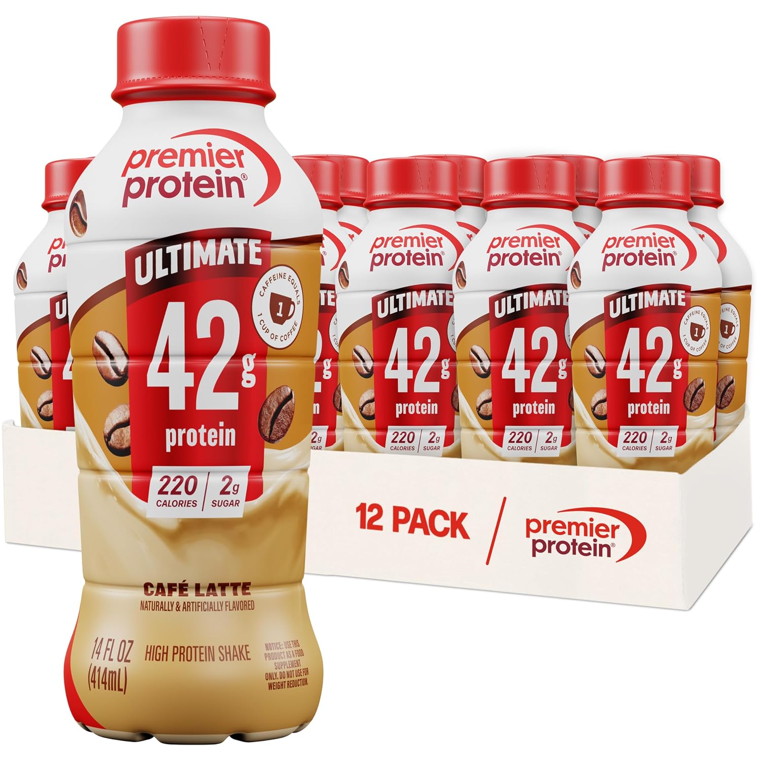 Premier Protein ULTIMATE High Protein Shake, 42g Protein, 2g Sugar, Café Latte, 14 fl oz (12 Pack)