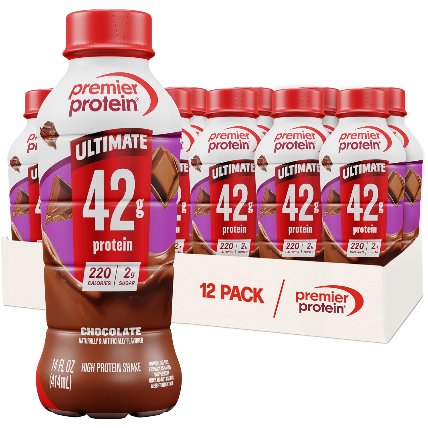 Premier Protein ULTIMATE High Protein Shake, 42g Protein, 2g Sugar, Chocolate, 14 fl oz (12 Pack)