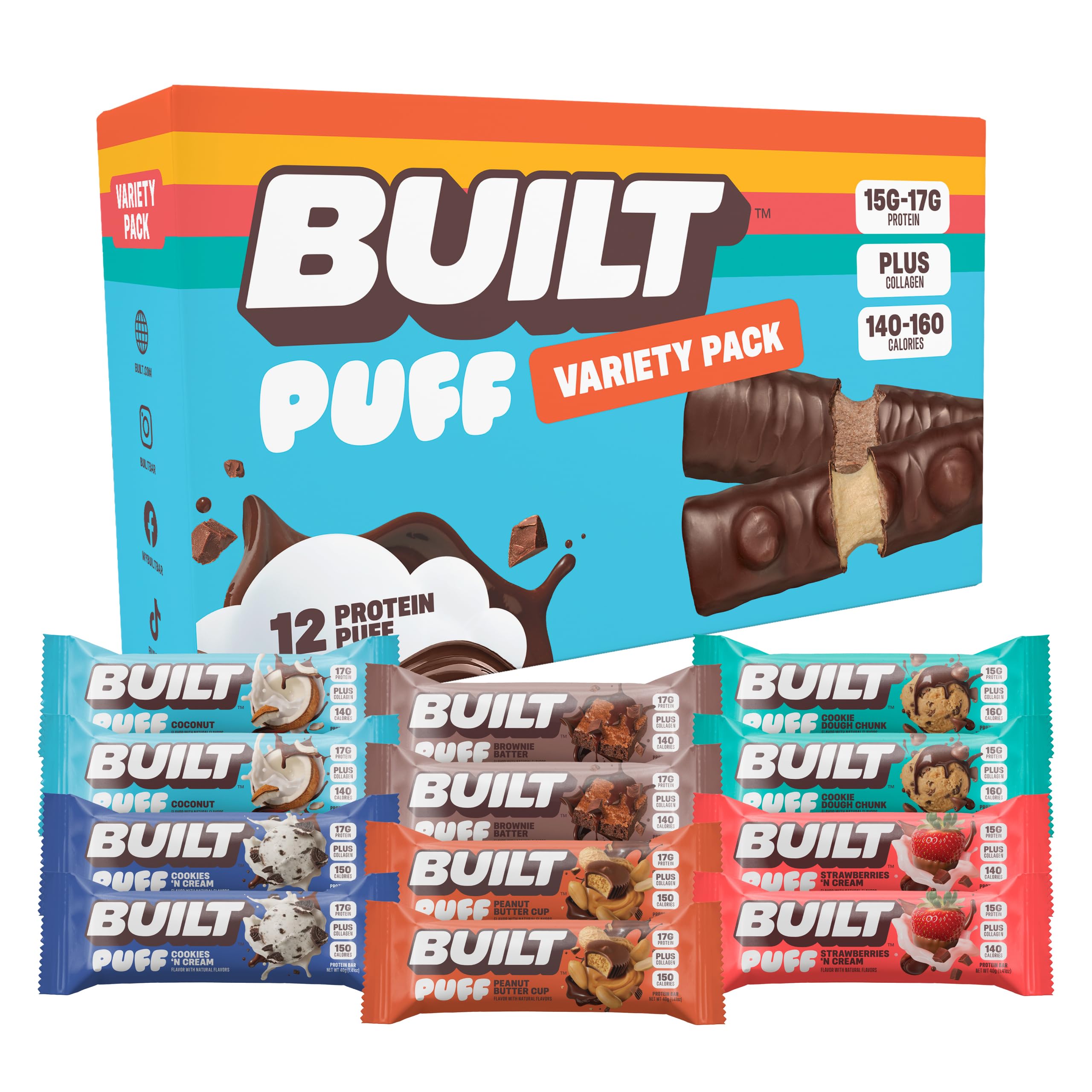 BUILT Bar Puff Protein Bars - Variety Pack - 15-17g Protein Snack Bars with Collagen - Calorie Conscious & Gluten Free - 12 Count, Variety May Vary | Protein Snack Bars with Collagen, Calorie Conscious, Gluten Free