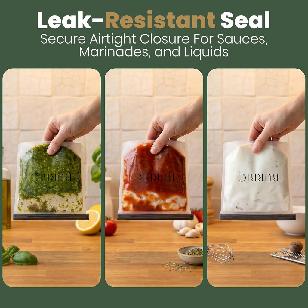 Reusable Silicone Bags for Food Storage - 6-Pack Multi-Size Reusable Ziploc Bags, Leakproof Silicone Freezer Bag for Meal Prep, Travel & Kitchen Organization, Modern Minimalist Design, Clear