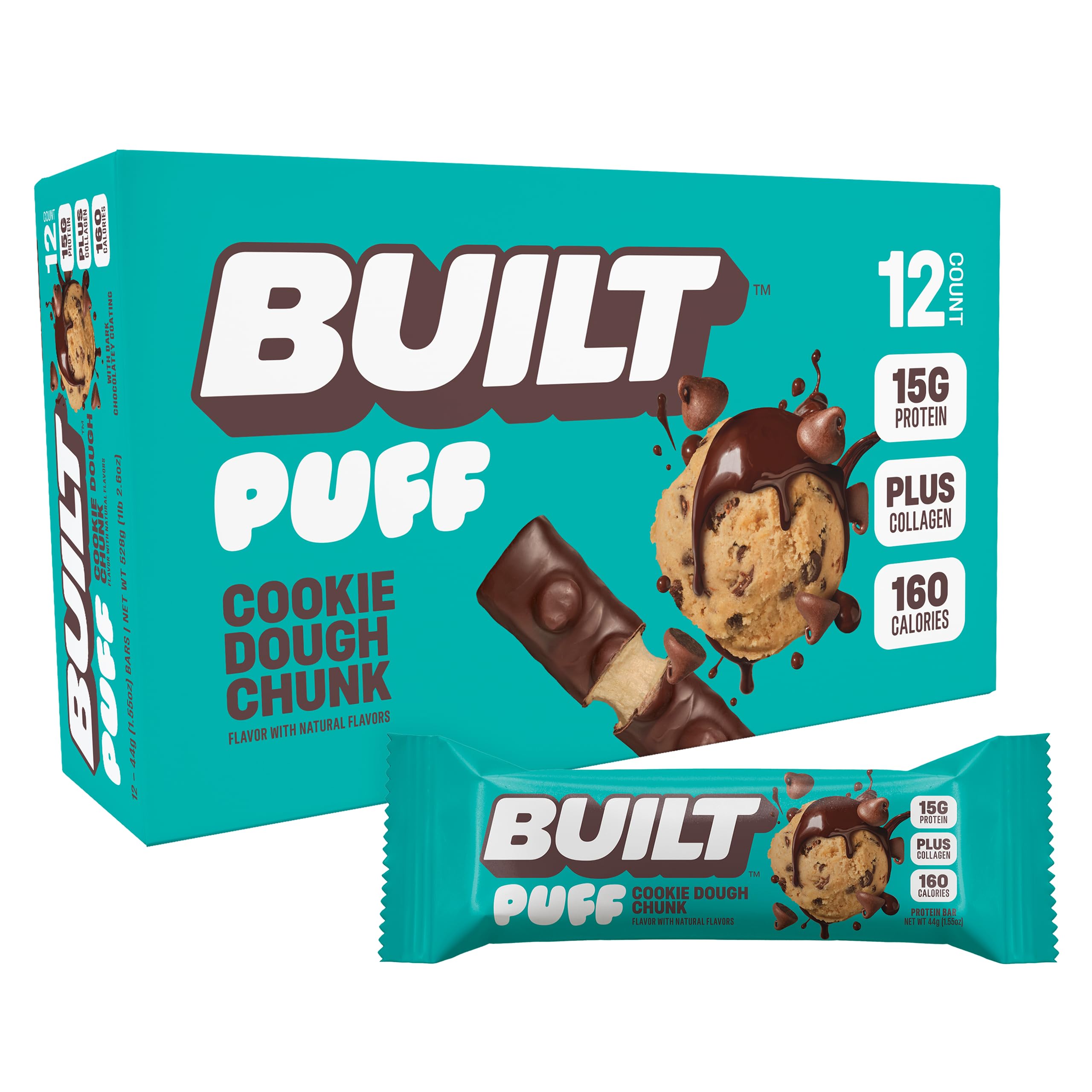 BUILT Bar Puff Protein Bars - Variety Pack - 15-17g Protein Snack Bars with Collagen - Calorie Conscious & Gluten Free - 12 Count, Variety May Vary | Protein Snack Bars with Collagen, Calorie Conscious, Gluten Free
