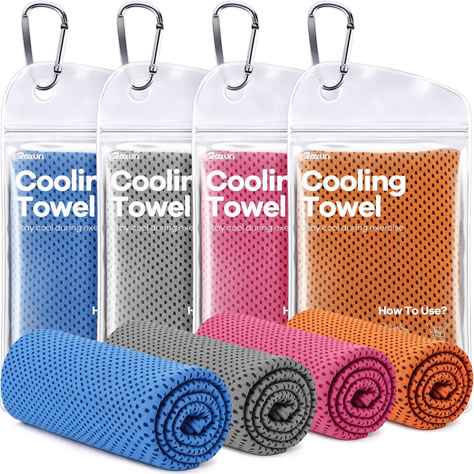 ROXUN Cooling Towels, 4 Pack (40''x12'') Chilly Ice Rags for Neck and Face | Gray+Blue+Green+Black, Soft Breathable, Sports and Outdoor Workouts, Comes with Storage Bags & Carabiners