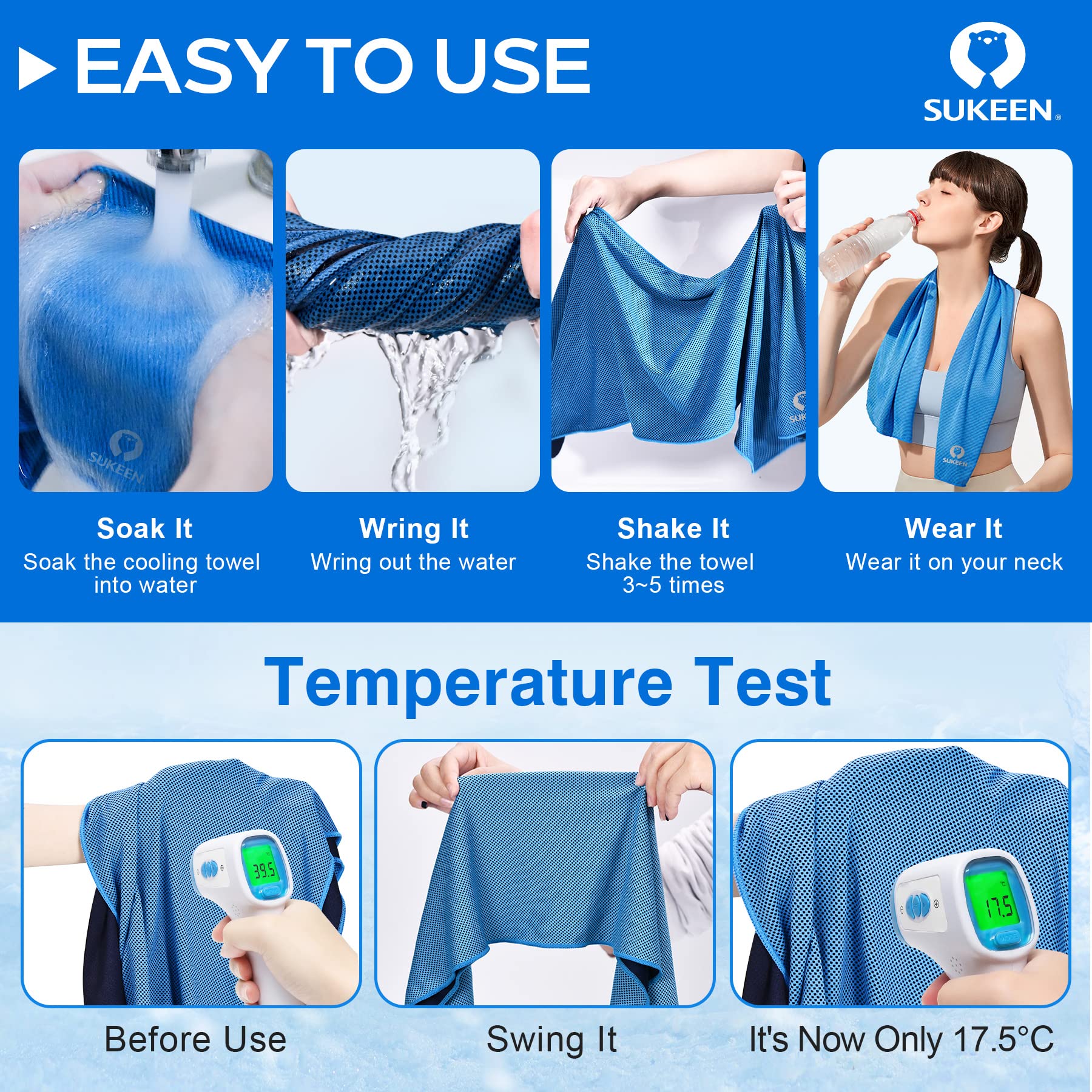 Sukeen 4 Pack Cooling Towels for Hot Weather 40"x12", Gym Towels for Men and Women, Soft Breathable Workout Towels for Yoga, Running, Sport, & More