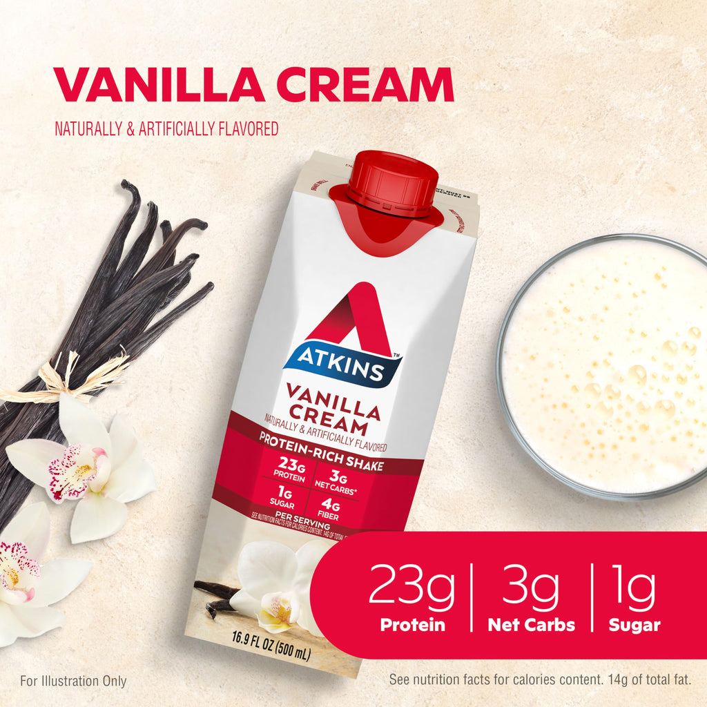 Atkins Vanilla Cream Meal Size Protein Shake, 23g Protein, Low Glycemic, 3g Carb, 1g Sugar, Keto Friendly