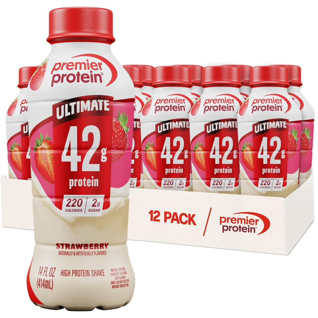 Premier Protein ULTIMATE High Protein Shake, 42g Protein, 2g Sugar, Strawberry, 14 fl oz (12 Pack)