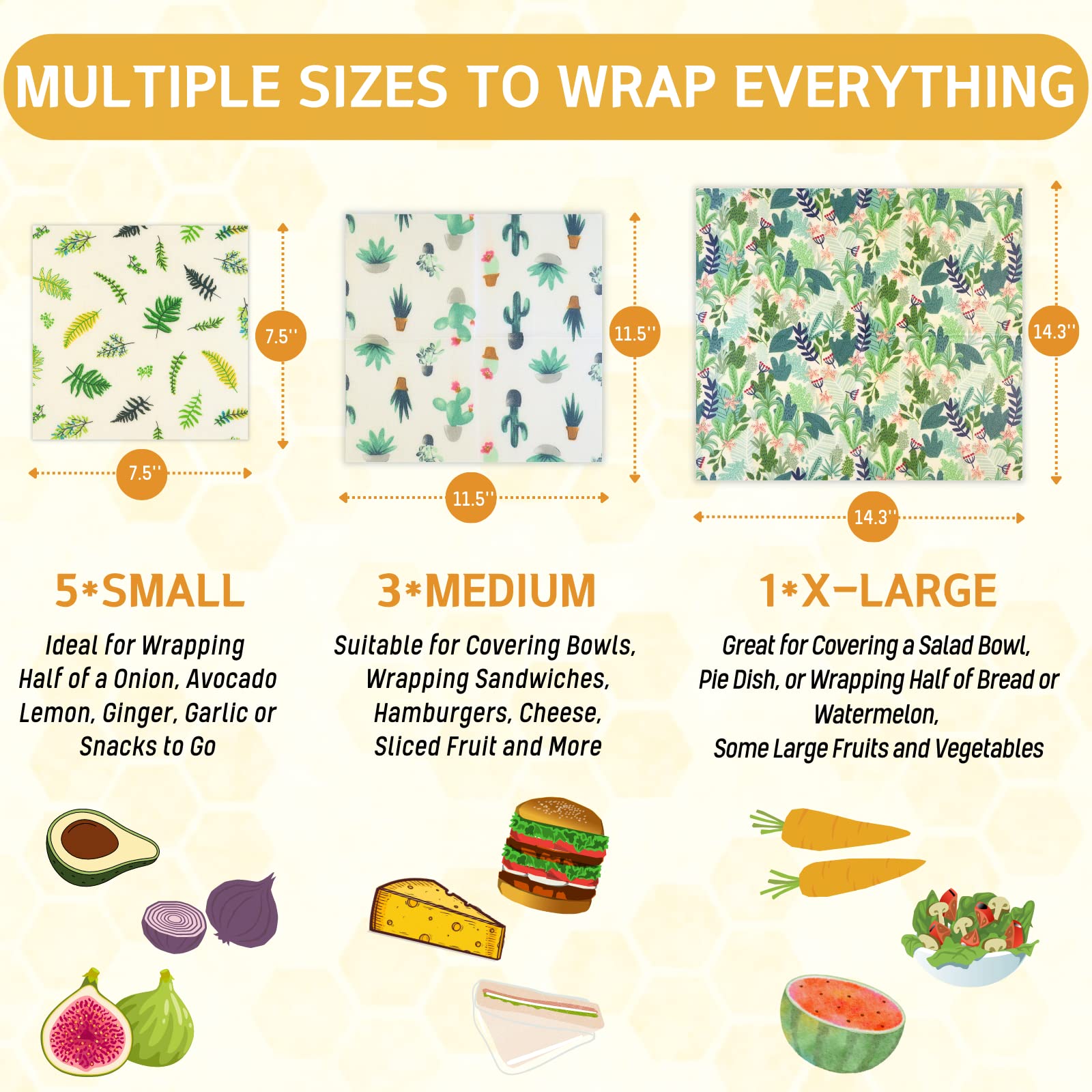 Reusable Beeswax Wrap - 9 Pack Beeswax Wraps for Food, Eco-Friendly Beeswax Food Wraps, Bread Sandwich Wrapper - Organic, Sustainable, Zero Waste, Reusable Plastic-Free Food Storage Wrap, 1XL, 3M, 5S