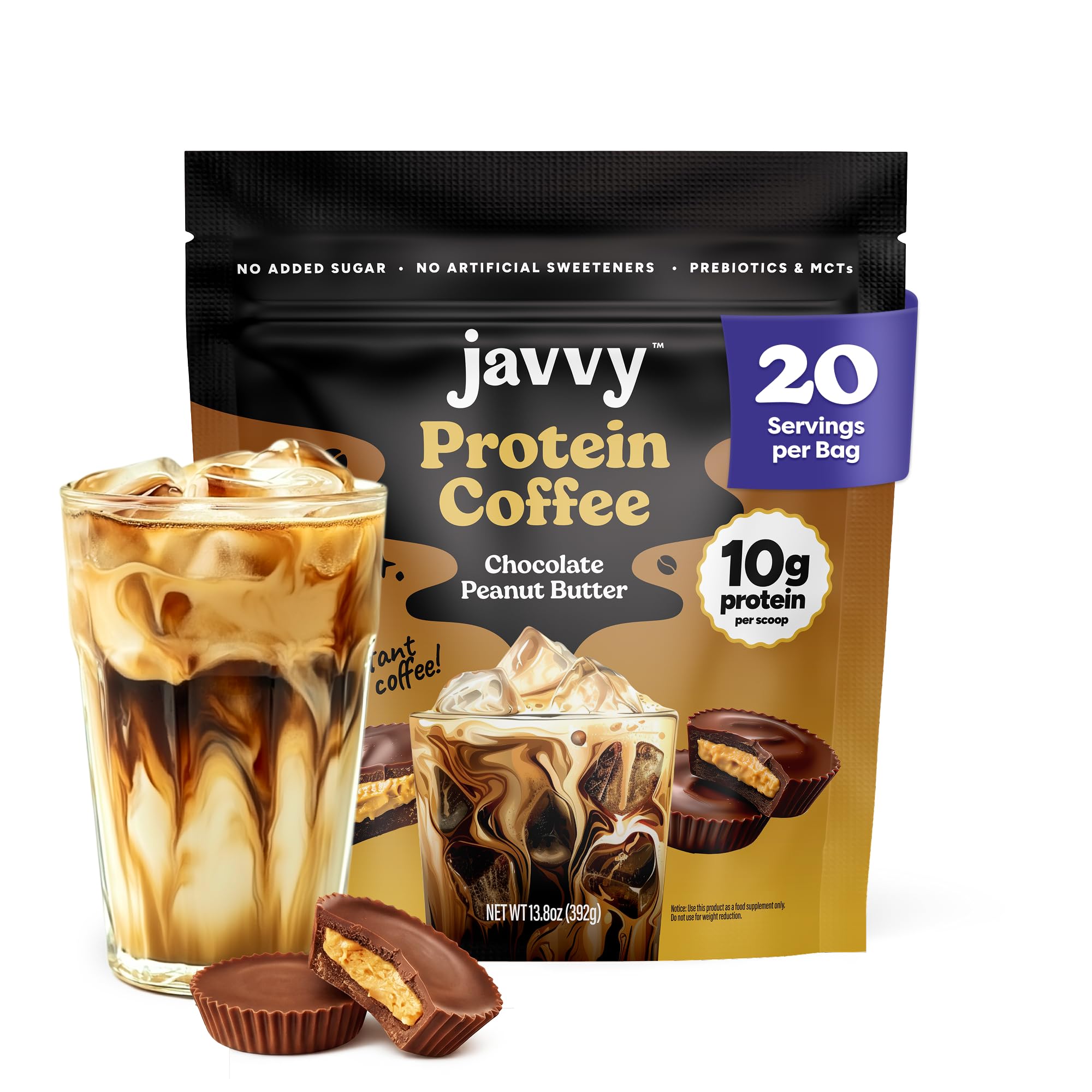 Javvy Protein Iced Coffee - Premium Whey Protein & Iced Coffees, 100% Natural Cold Brew, Zero Artificial Flavors & Sweeteners, 80mg Caffeine, No Added Sugar, 20 Servings, Caramel, 1 Pack