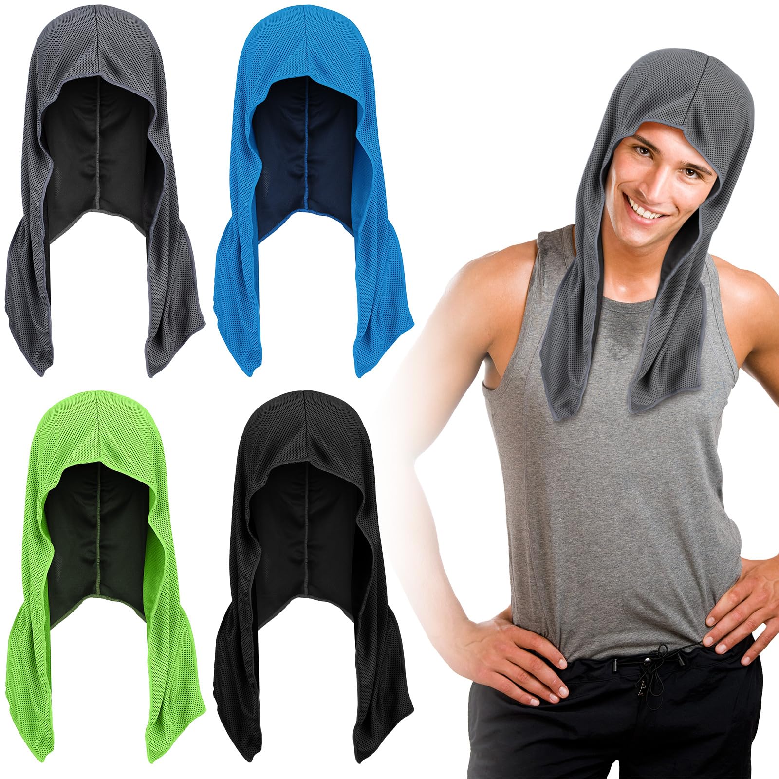 Bencailor 4 Pack Cooling Hoodie Towels Cooling Towels for Neck and Face Head Wrap UPF 50 UV Sun Protection for Sport Workout Camping(Black and Gray,Classic Style)