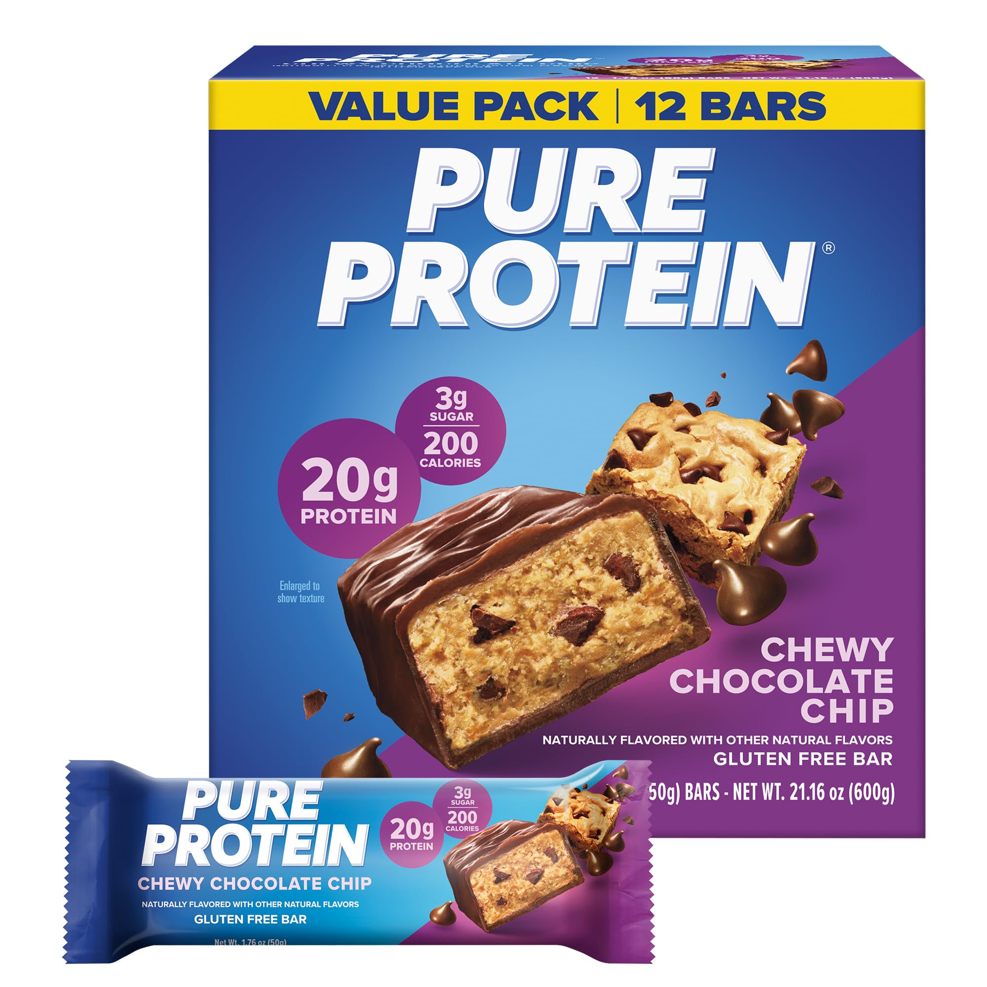 Pure Protein Chocolate Peanut Butter Protein Bars – 20g Protein, 3g Sugar, 190 Calories (12 count) Low Sugar* High Protein Snack - Gluten Free - Perfect for a Healthy Snack