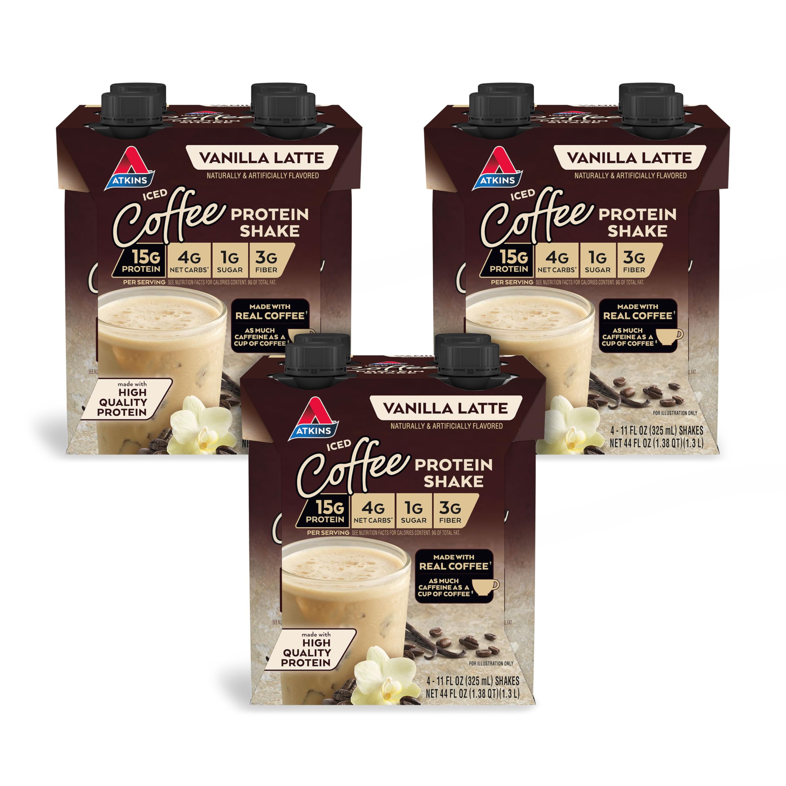 Atkins Mocha Latte Iced Coffee Flavored Protein Shake, High Protein, Low Glycemic, Low Carb and Low Sugar Shakes, Keto-Friendly, 12 Pack
