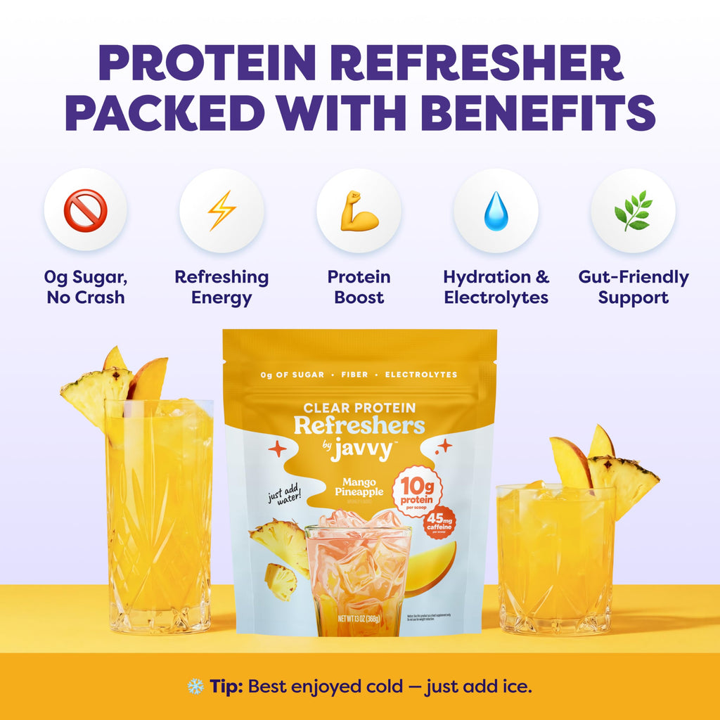 Javvy Clear Protein Refresher Drink Mix – 10g of Whey Protein and Collagen Peptides, Electrolytes Powder, Natural Flavors, 0g of Sugar, 45mg Caffeine, 20 Servings, Strawberry Berry Acai