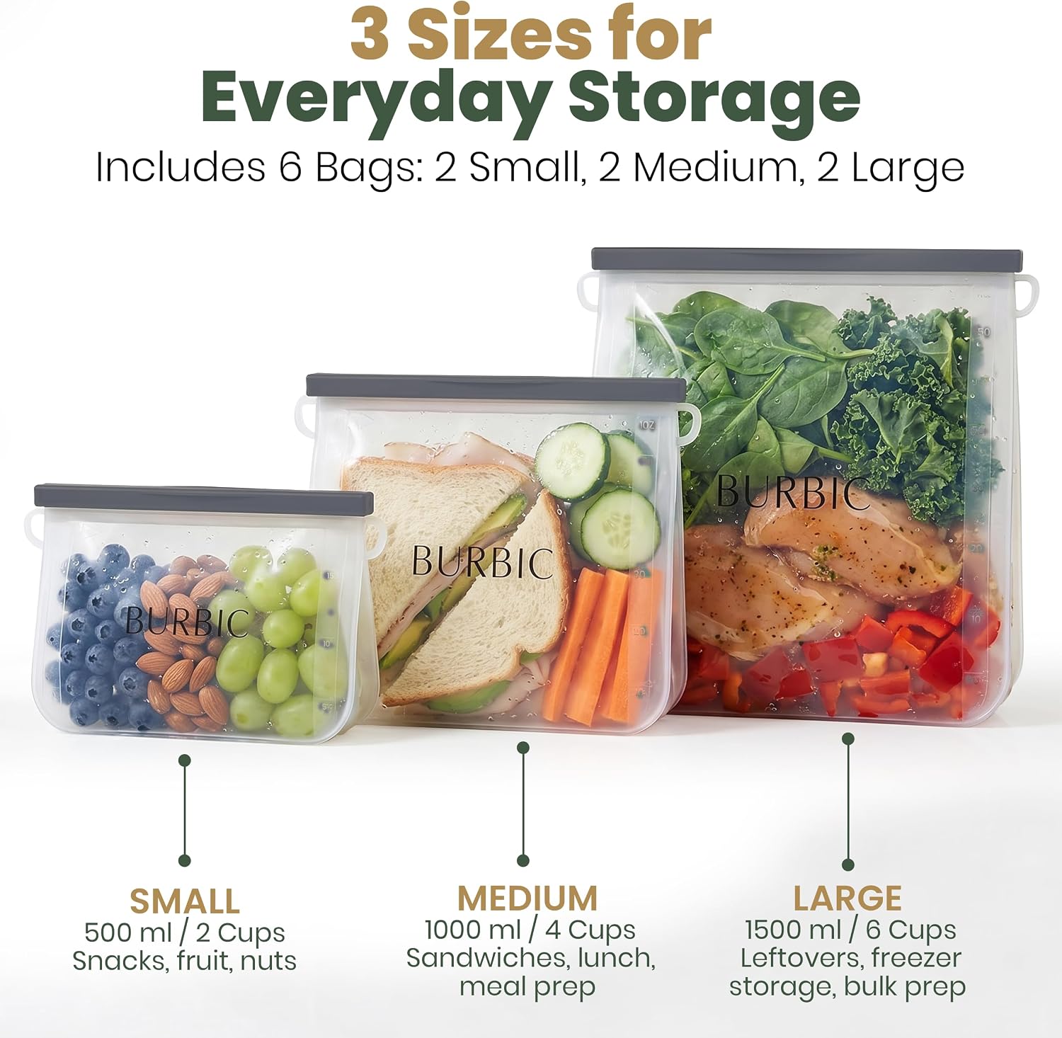 Reusable Silicone Bags for Food Storage - 6-Pack Multi-Size Reusable Ziploc Bags, Leakproof Silicone Freezer Bag for Meal Prep, Travel & Kitchen Organization, Modern Minimalist Design, Clear
