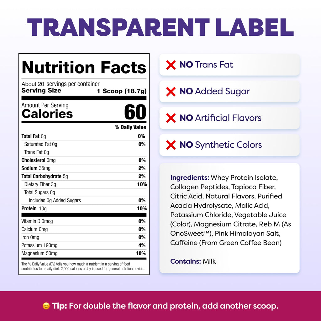 Javvy Clear Protein Refresher Drink Mix – 10g of Whey Protein and Collagen Peptides, Electrolytes Powder, Natural Flavors, 0g of Sugar, 45mg Caffeine, 20 Servings, Strawberry Berry Acai