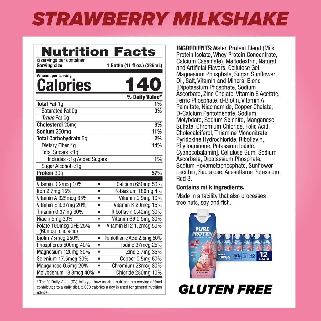 Pure Protein Chocolate Protein Shake, 30g Complete Protein, Ready to Drink and Keto-Friendly, Vitamins A, C, D, and E plus Zinc to Support Immune Health, 11oz Bottles, 12 Pack