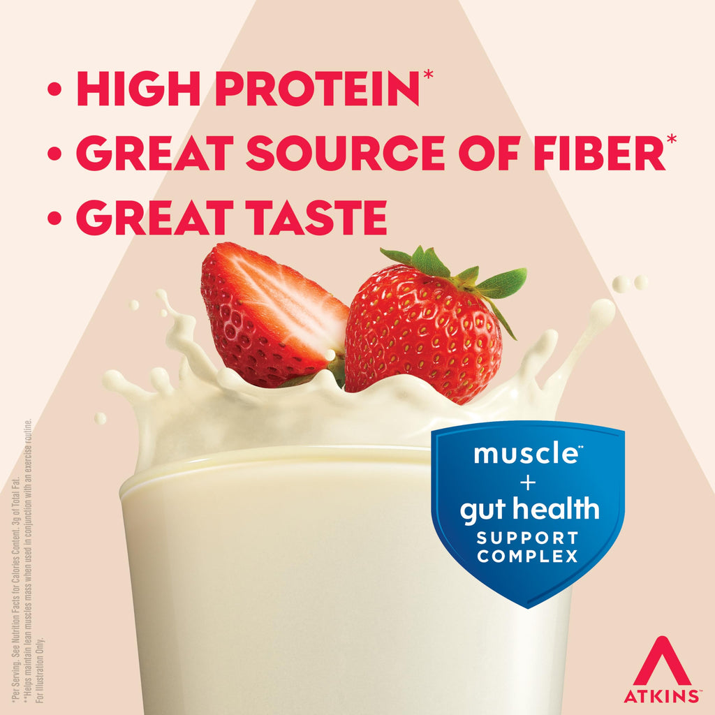 Atkins Strong High Protein Shake, Milk Chocolate, 30g Protein, 7g Prebiotic Fiber, 1g Sugar, GLP-1 Support, Muscle & Gut Health Support Complex, 12 Count