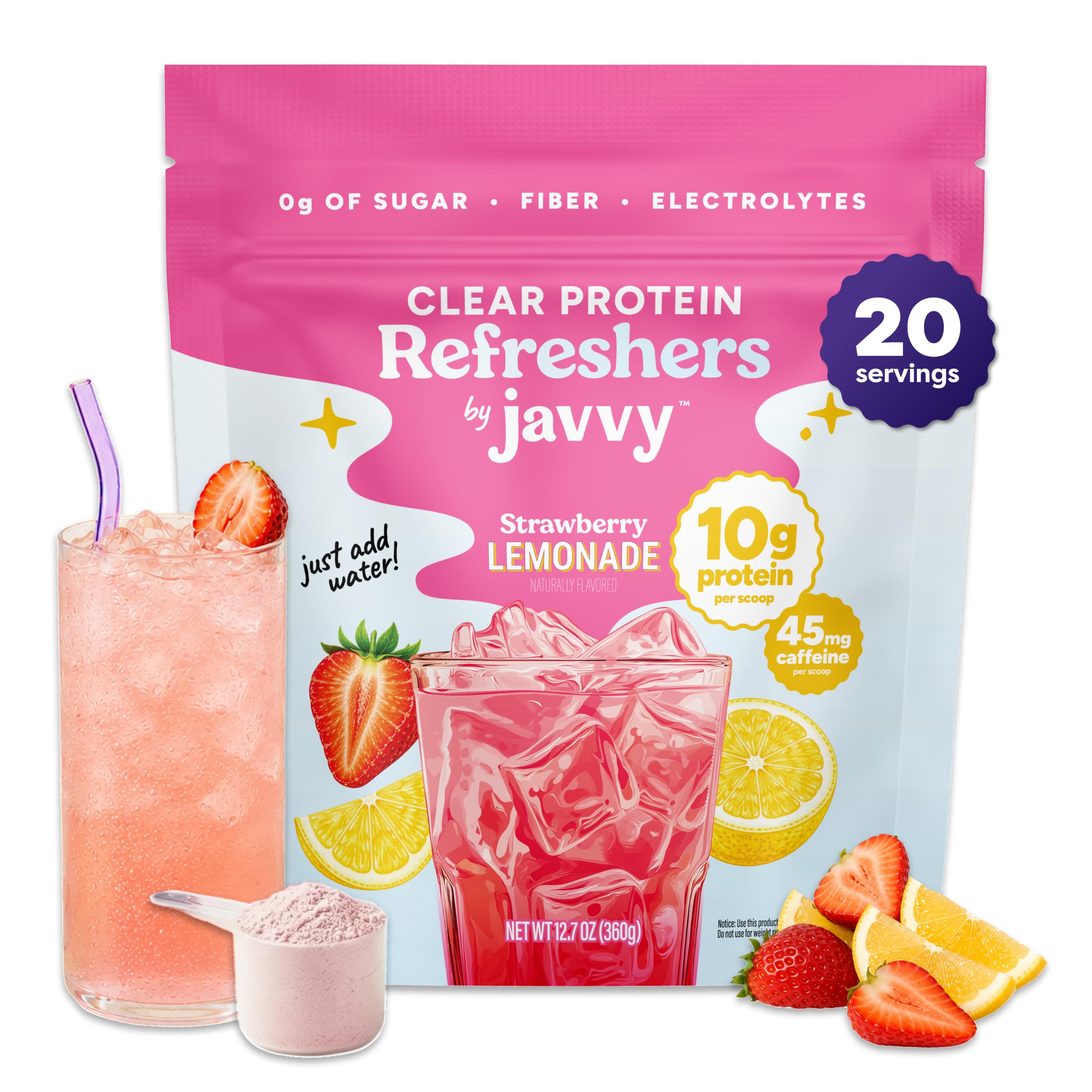 Javvy Clear Protein Refresher Drink Mix – 10g of Whey Protein and Collagen Peptides, Electrolytes Powder, Natural Flavors, 0g of Sugar, 45mg Caffeine, 20 Servings, Strawberry Berry Acai