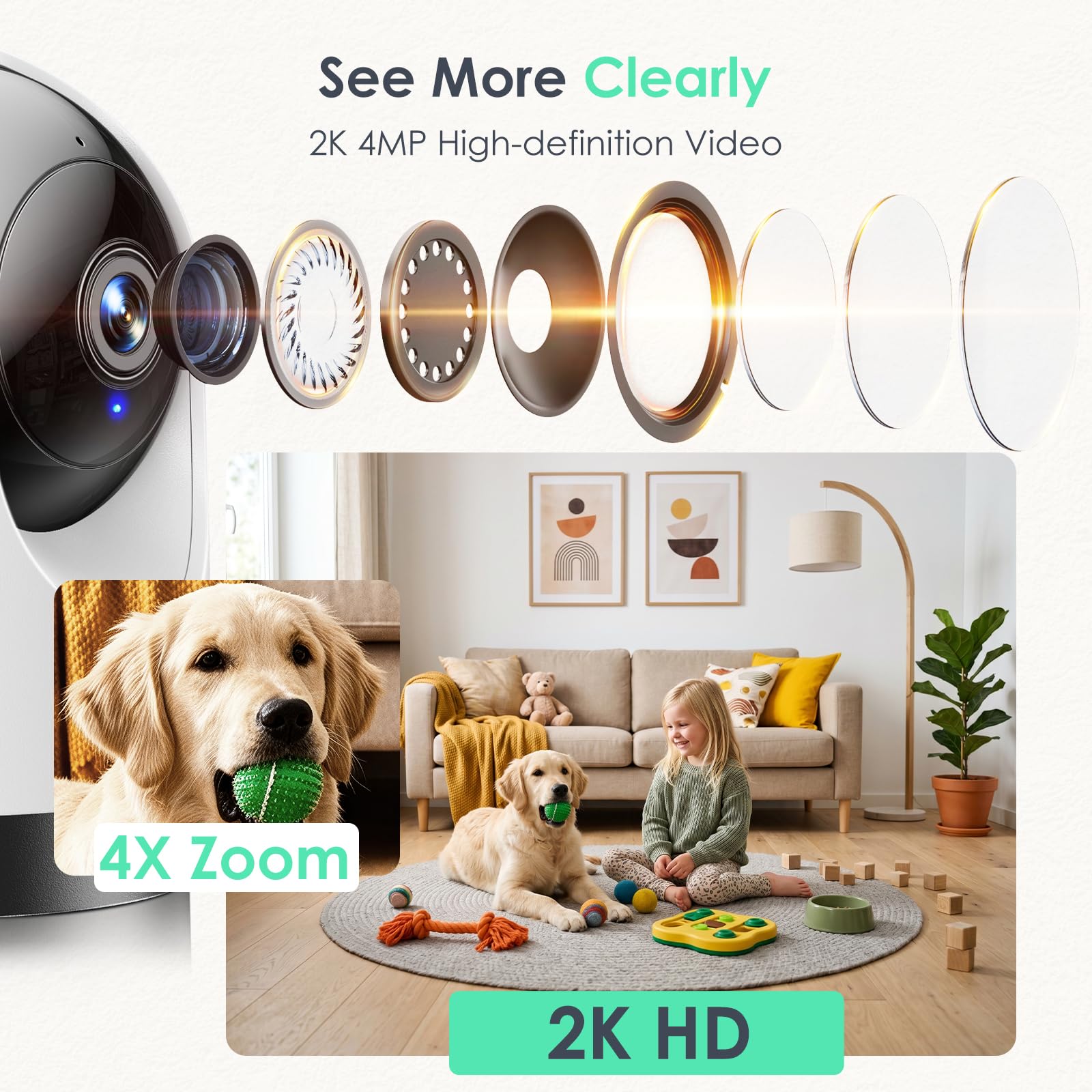 YOTON Indoor Security Camera, 2K 360° Wi-Fi Baby Monitor & Pet Camera w/Motion Tracking, 2-Way Audio, Night Vision, SD/Cloud, Compatible with Alexa & Google Home, 2.4/5GHz