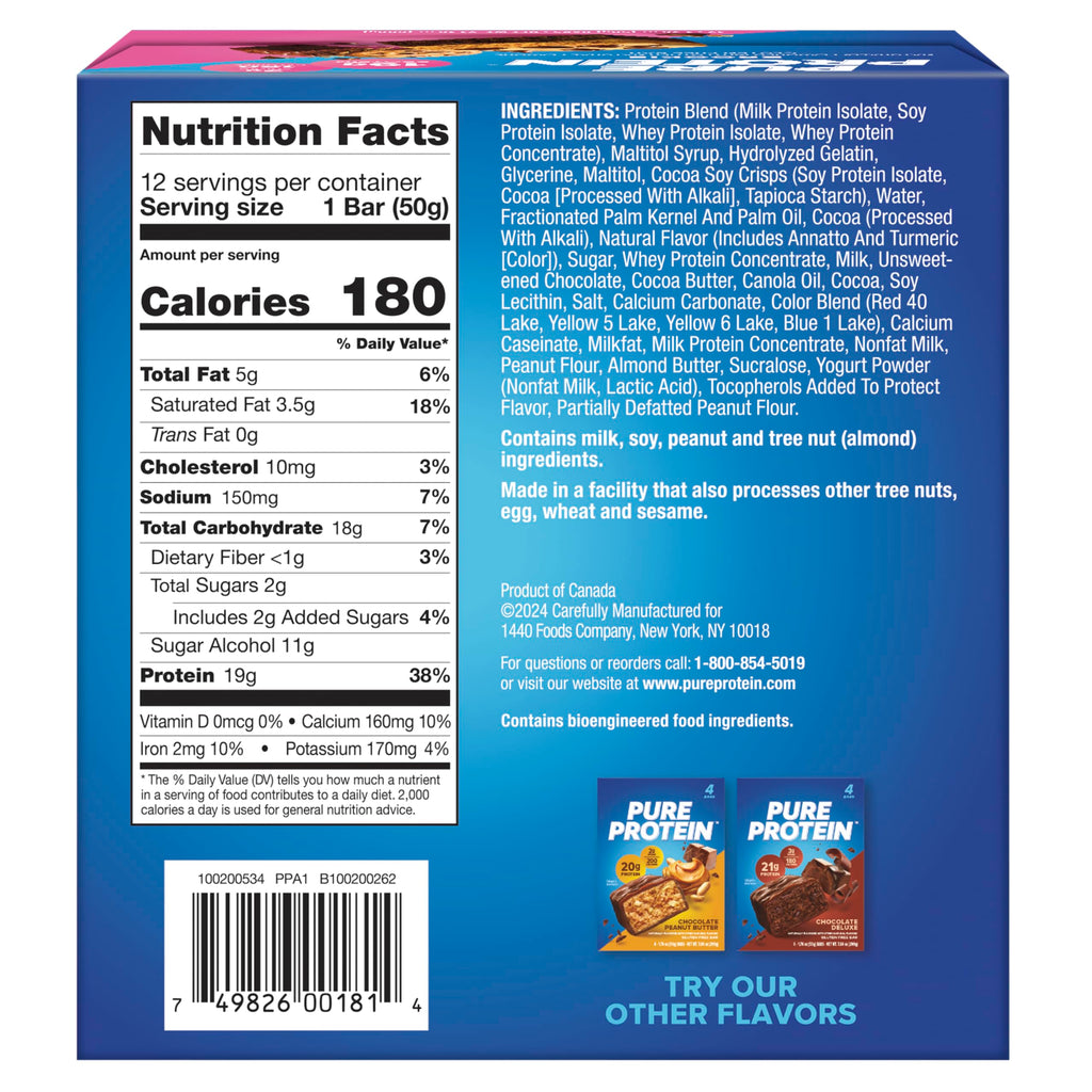 Pure Protein Chocolate Peanut Butter Protein Bars – 20g Protein, 3g Sugar, 190 Calories (12 count) Low Sugar* High Protein Snack - Gluten Free - Perfect for a Healthy Snack