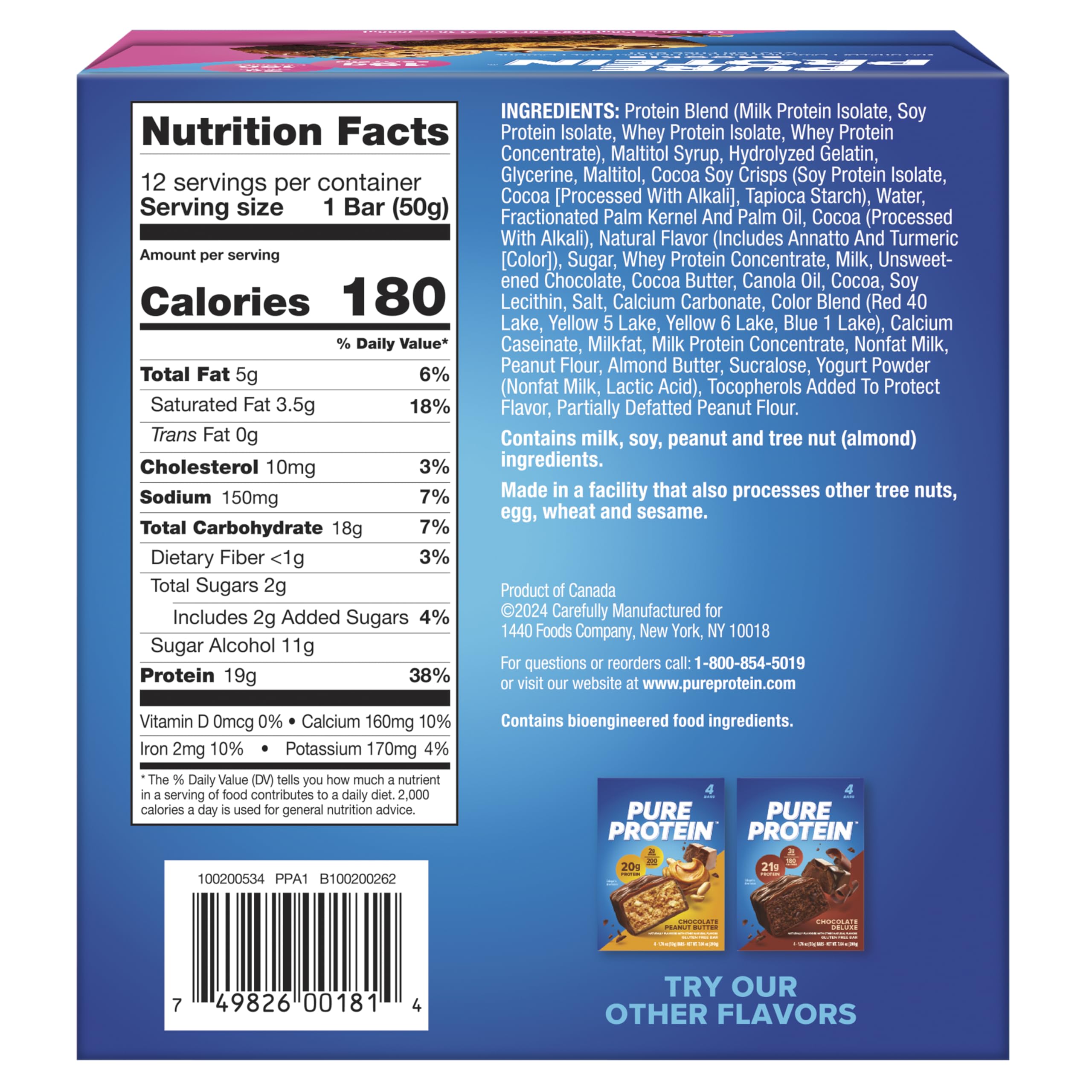 Pure Protein Chocolate Peanut Butter Protein Bars – 20g Protein, 3g Sugar, 190 Calories (12 count) Low Sugar* High Protein Snack - Gluten Free - Perfect for a Healthy Snack