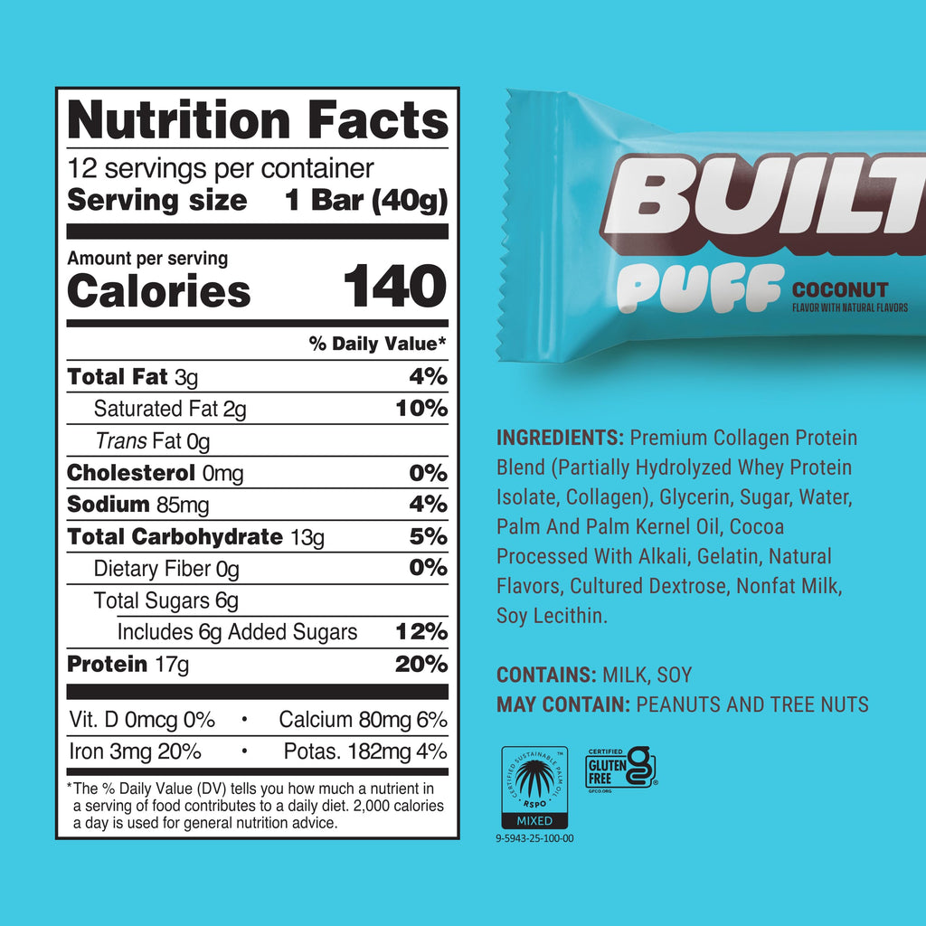 BUILT Bar Puff Protein Bars - Variety Pack - 15-17g Protein Snack Bars with Collagen - Calorie Conscious & Gluten Free - 12 Count, Variety May Vary | Protein Snack Bars with Collagen, Calorie Conscious, Gluten Free