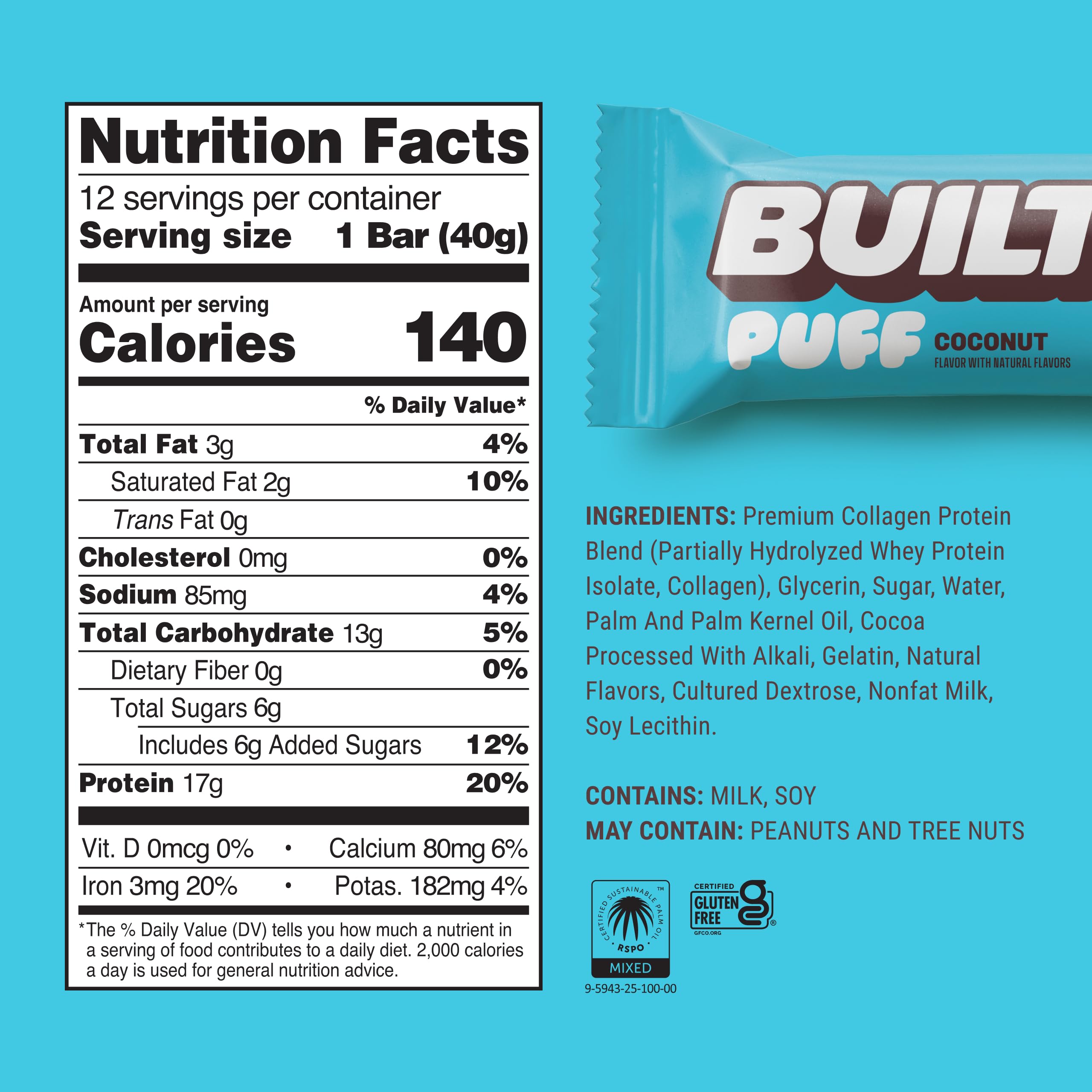 BUILT Bar Puff Protein Bars - Variety Pack - 15-17g Protein Snack Bars with Collagen - Calorie Conscious & Gluten Free - 12 Count, Variety May Vary | Protein Snack Bars with Collagen, Calorie Conscious, Gluten Free