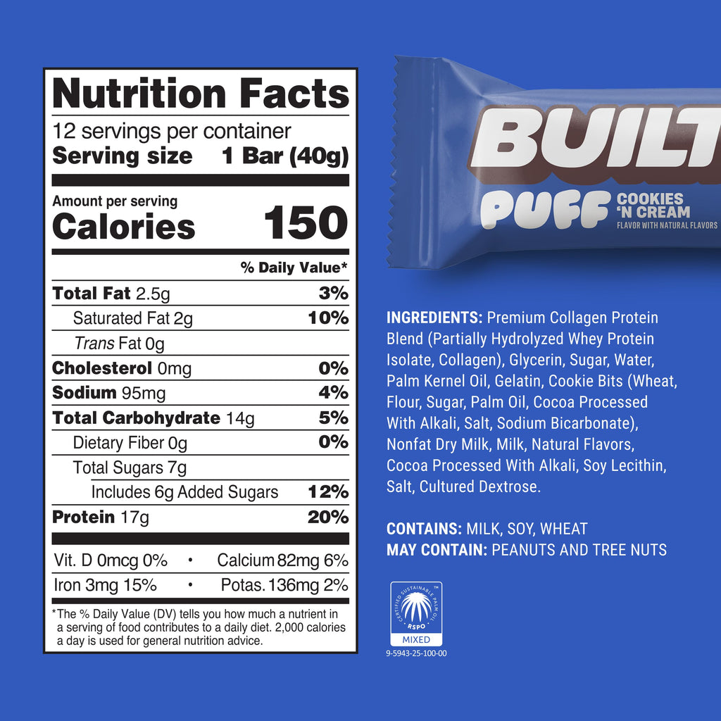 BUILT Bar Puff Protein Bars - Variety Pack - 15-17g Protein Snack Bars with Collagen - Calorie Conscious & Gluten Free - 12 Count, Variety May Vary | Protein Snack Bars with Collagen, Calorie Conscious, Gluten Free