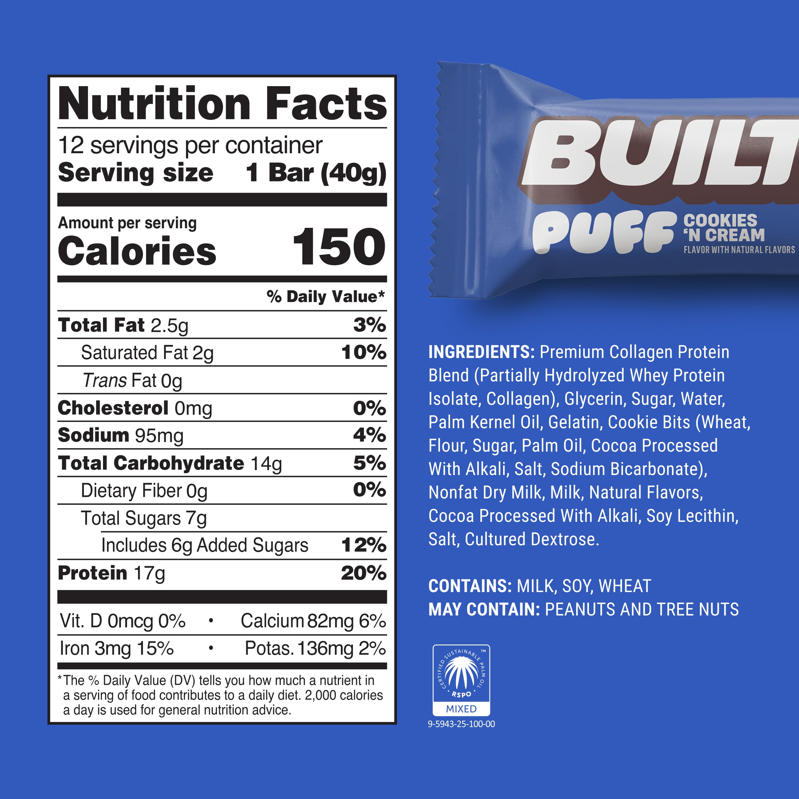 BUILT Bar Puff Protein Bars - Variety Pack - 15-17g Protein Snack Bars with Collagen - Calorie Conscious & Gluten Free - 12 Count, Variety May Vary | Protein Snack Bars with Collagen, Calorie Conscious, Gluten Free