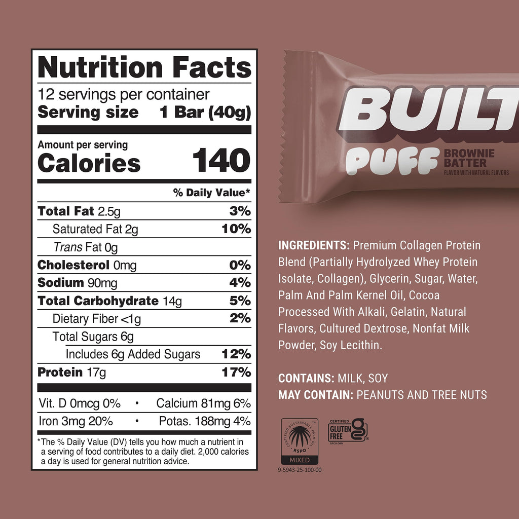 BUILT Bar Puff Protein Bars - Variety Pack - 15-17g Protein Snack Bars with Collagen - Calorie Conscious & Gluten Free - 12 Count, Variety May Vary | Protein Snack Bars with Collagen, Calorie Conscious, Gluten Free