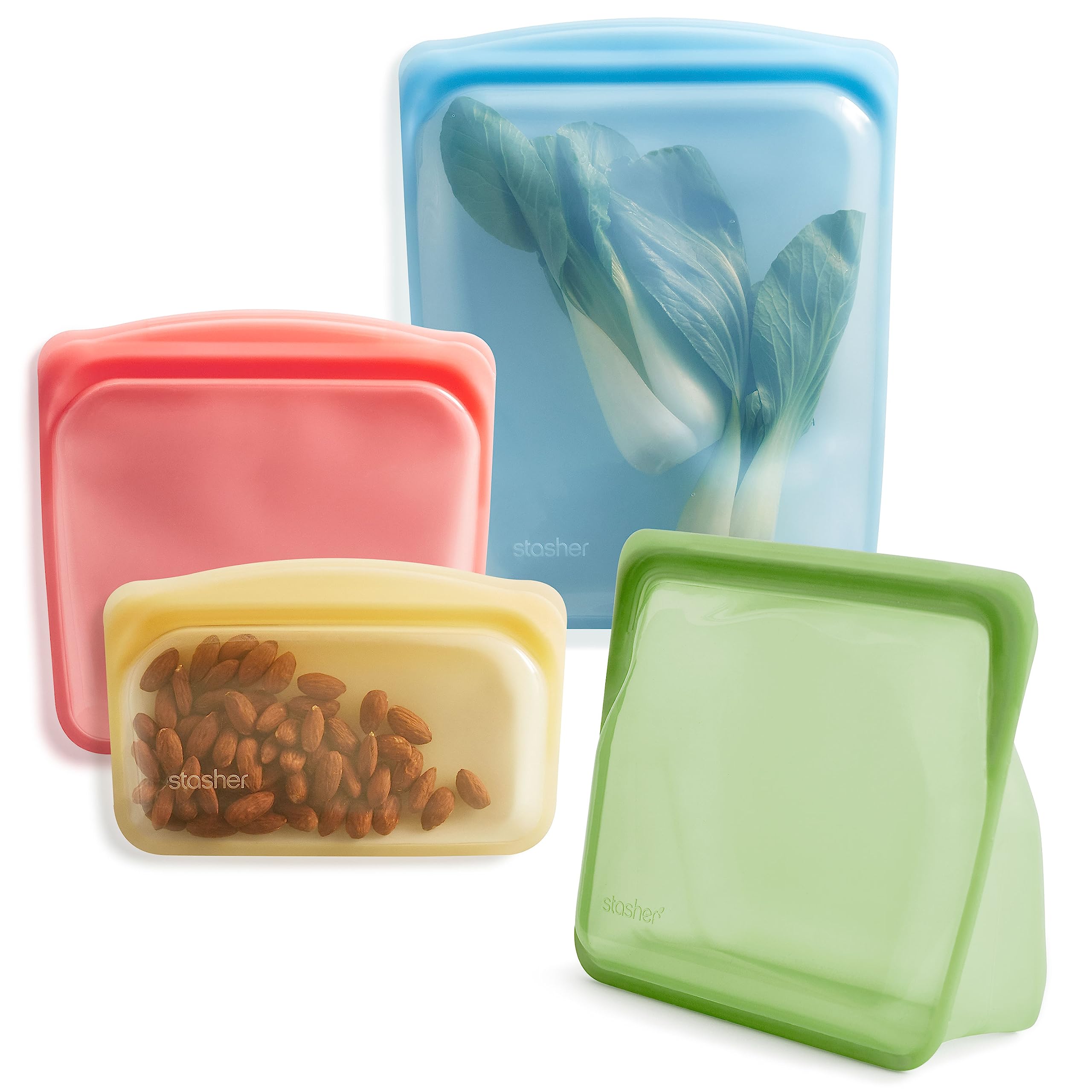 Stasher Silicone Reusable Storage Bags, 4-Pack, Reusable Freezer Bags, Microwave, Dishwasher, Oven Safe, Sous Vide, Premium Lunch Containers, Eco Friendly, Food-safe Silicone Snack Bag, Clear