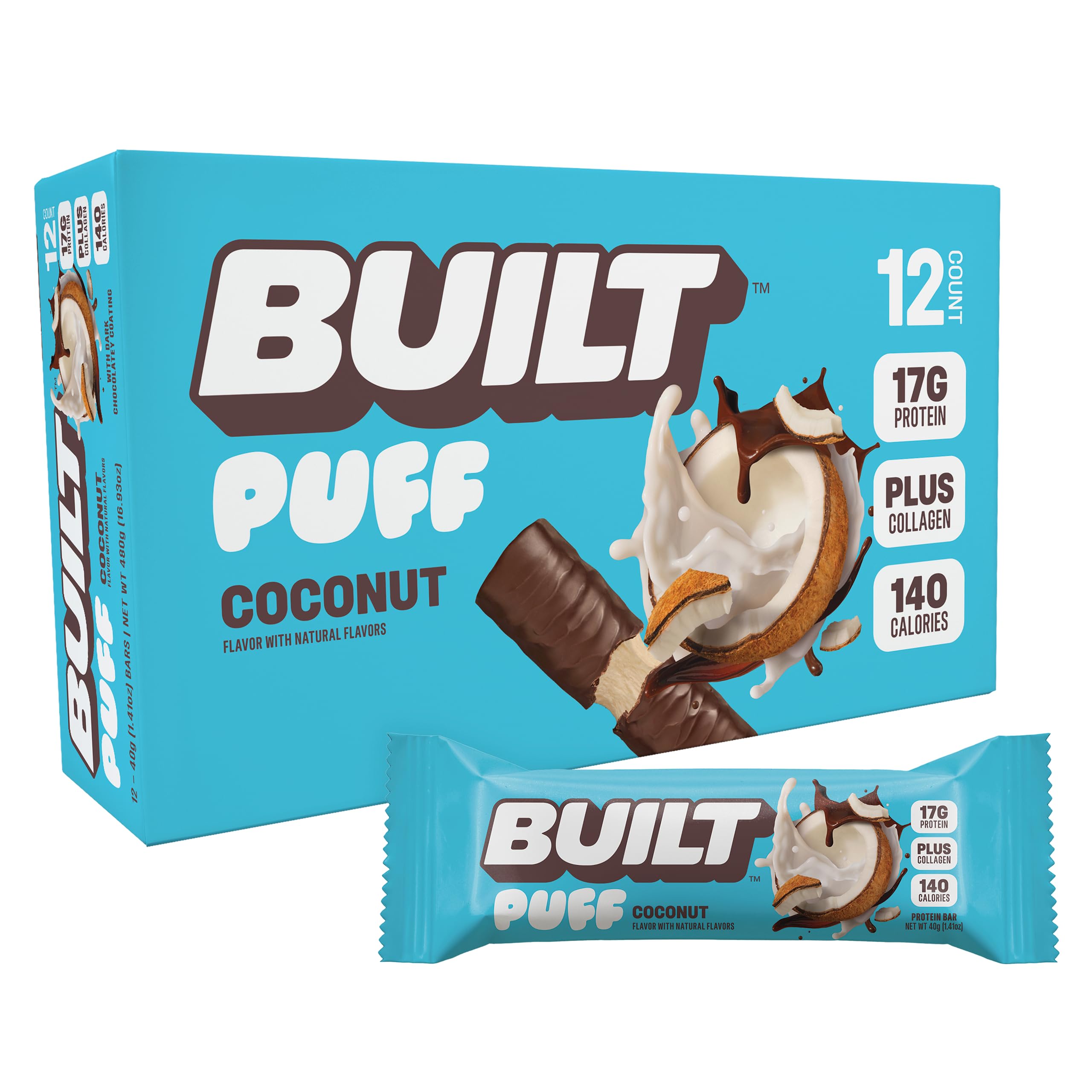 BUILT Bar Puff Protein Bars - Variety Pack - 15-17g Protein Snack Bars with Collagen - Calorie Conscious & Gluten Free - 12 Count, Variety May Vary | Protein Snack Bars with Collagen, Calorie Conscious, Gluten Free