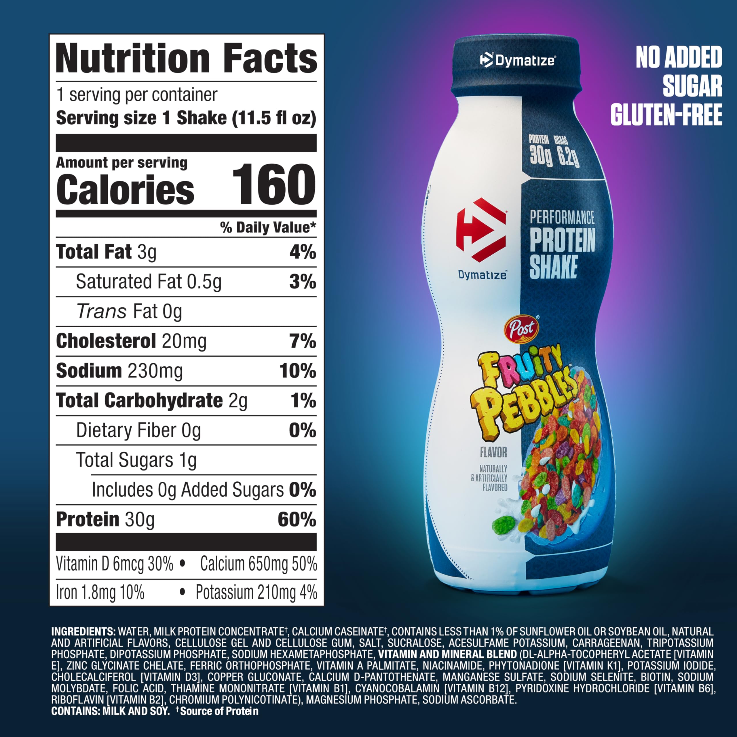 Dymatize Performance Protein Shake, Fruity Pebbles, 30g Protein, 6.1g BCAA for Muscle Recovery, No Added Sugar, Low Fat, 24 Vitamins & Minerals, Gluten-Free, Ready to Drink, On-the-Go Snack, 11.5 fl oz, 15 pack