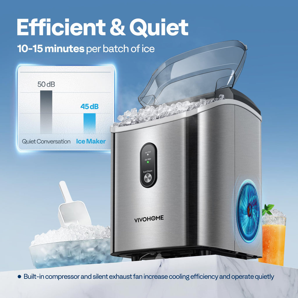 VIVOHOME Nugget Ice Maker Countertop, 45lbs/Day Pebble Ice Maker Machine, Soft Chewable Pellet Ice Machine with Self-Cleaning, Scoop, 10 Ice Bags, for Home Kitchen, RV, Camping, Office