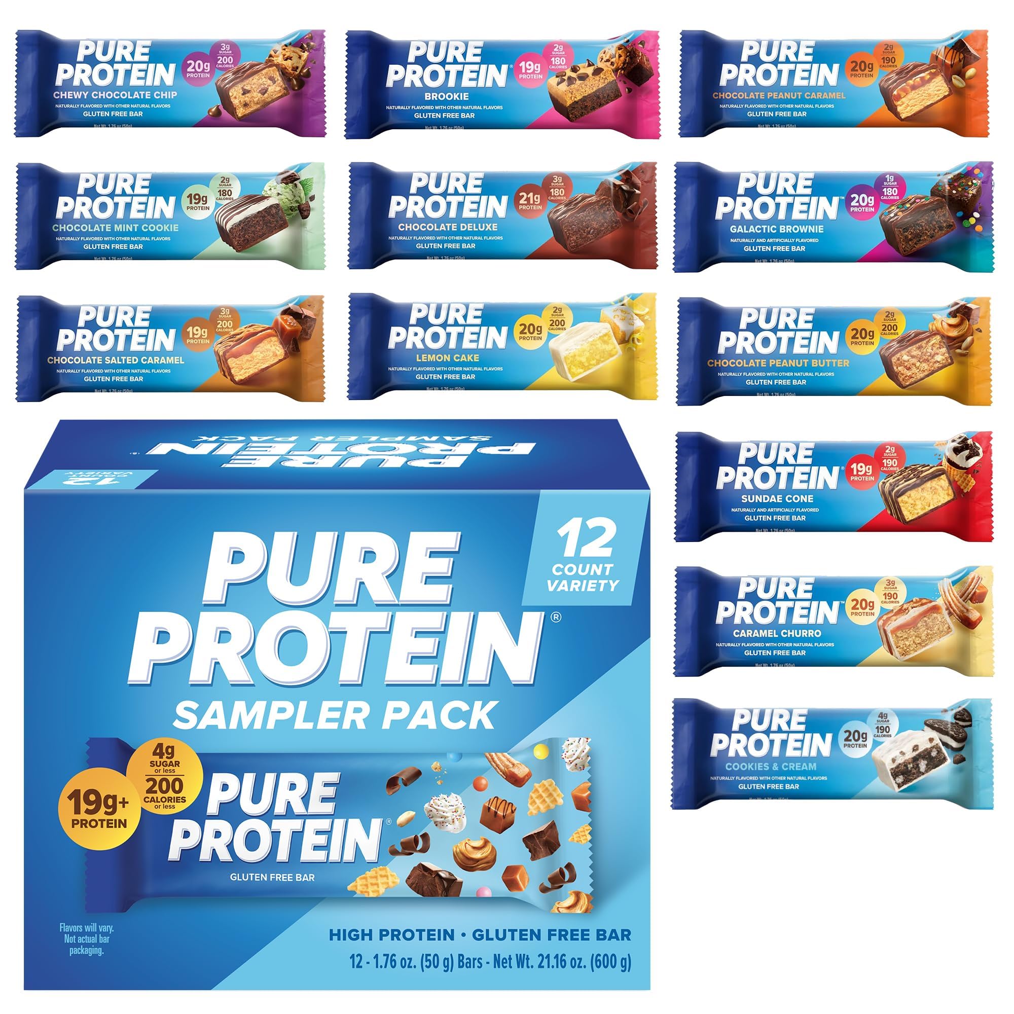 Pure Protein Chocolate Peanut Butter Protein Bars – 20g Protein, 3g Sugar, 190 Calories (12 count) Low Sugar* High Protein Snack - Gluten Free - Perfect for a Healthy Snack