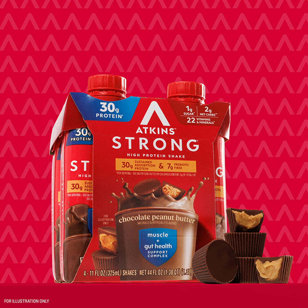 Atkins Strong High Protein Shake, Milk Chocolate, 30g Protein, 7g Prebiotic Fiber, 1g Sugar, GLP-1 Support, Muscle & Gut Health Support Complex, 12 Count