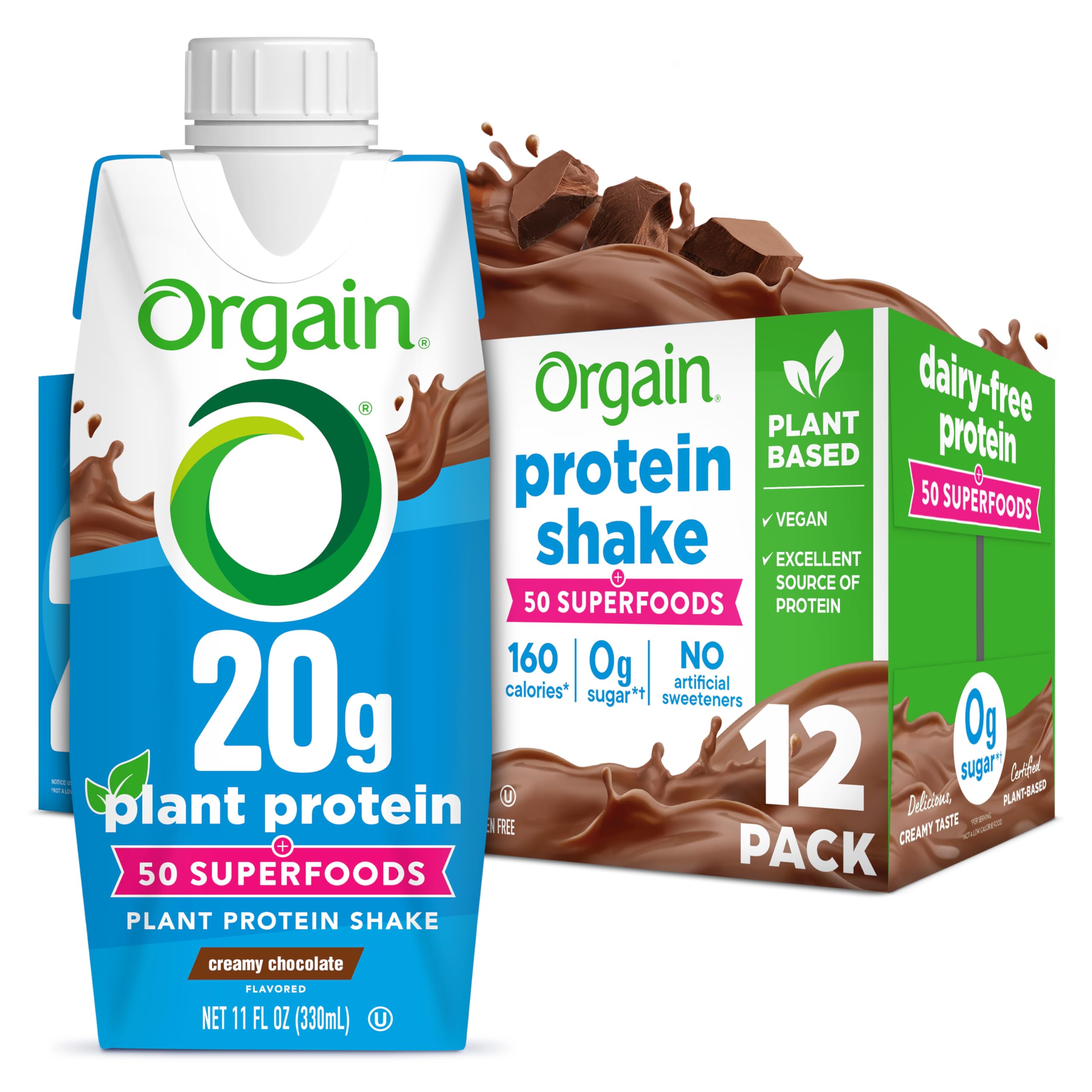 Orgain Organic Vegan Protein Shake, Creamy Chocolate - 20g Plant Based Protein, Ready to Drink, Fruits & Vegetables, Gluten Free, Kosher, No Soy or Dairy Ingredients, 11 Fl Oz (Pack of 12)