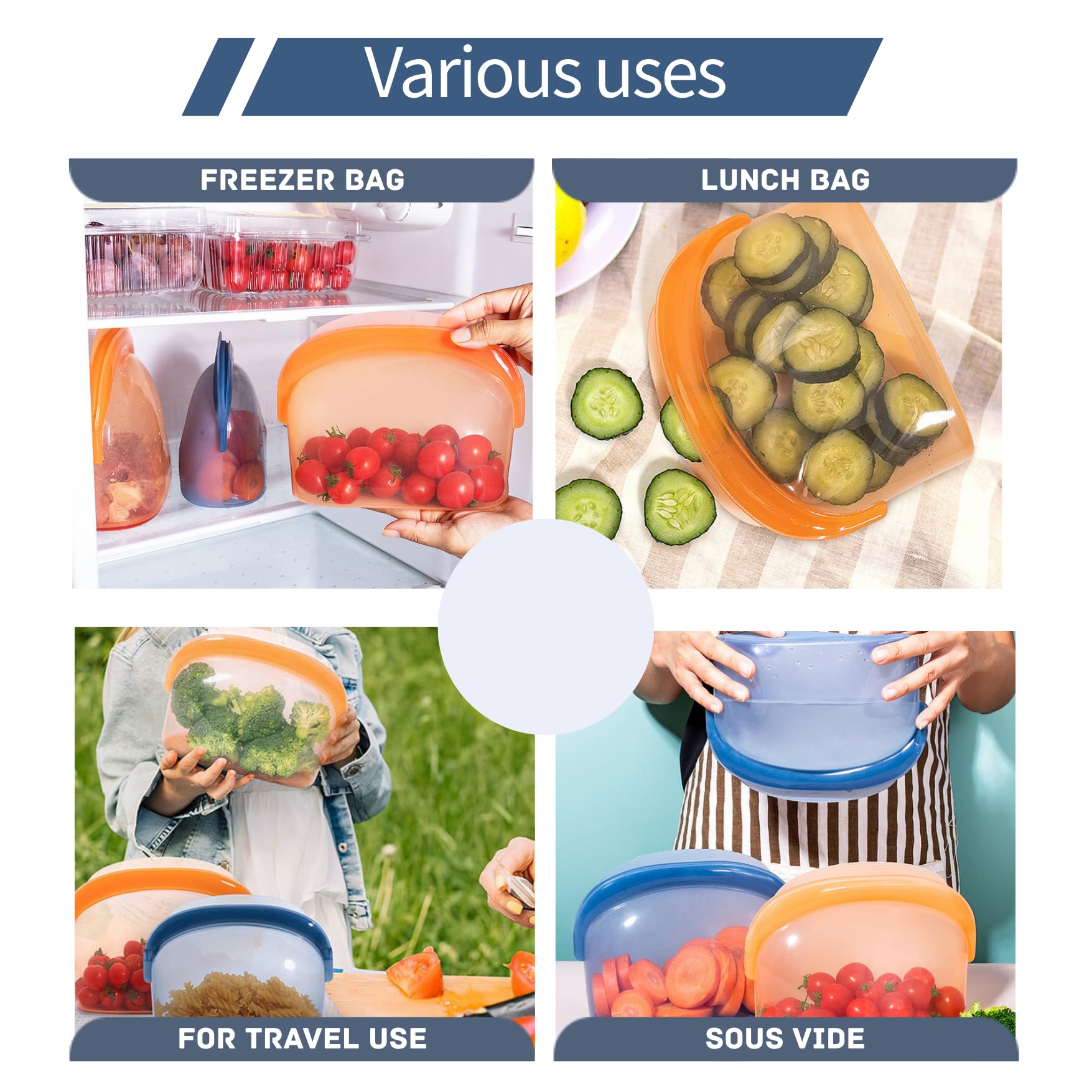 Reusable Silicone Food Storage Bags 3-Pack (17oz, 34oz, 51oz) | Stand Up Leakproof Freezer Bags with Wide Self-Sealing Zipper | Dishwasher, Microwave Safe, BPA Free Eco-Friendly Sous Vide Cooking Bags