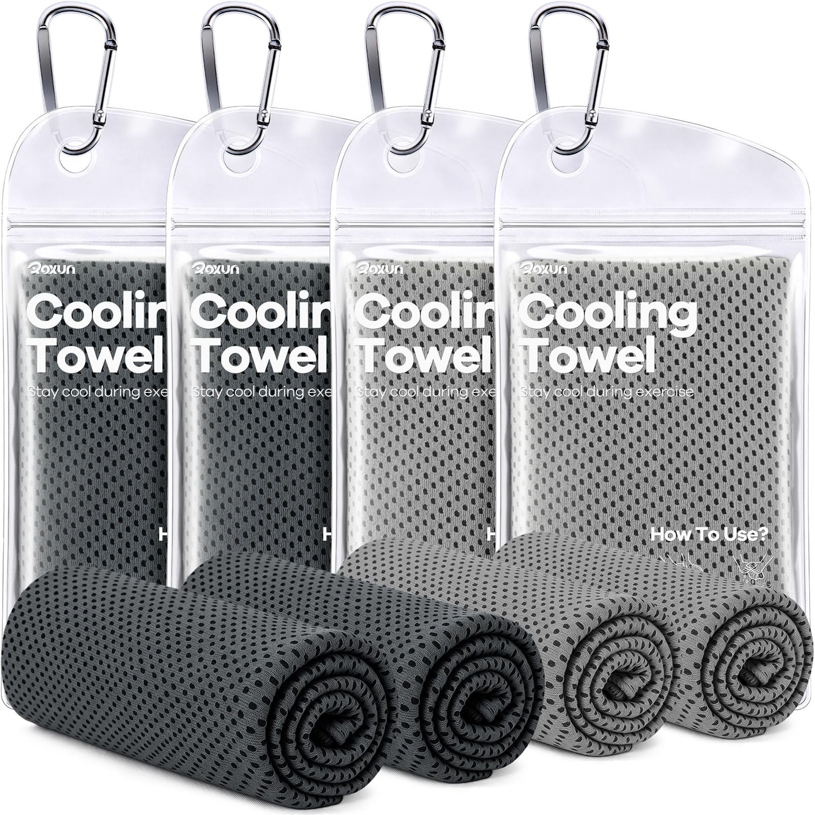ROXUN Cooling Towels, 4 Pack (40''x12'') Chilly Ice Rags for Neck and Face | Gray+Blue+Green+Black, Soft Breathable, Sports and Outdoor Workouts, Comes with Storage Bags & Carabiners