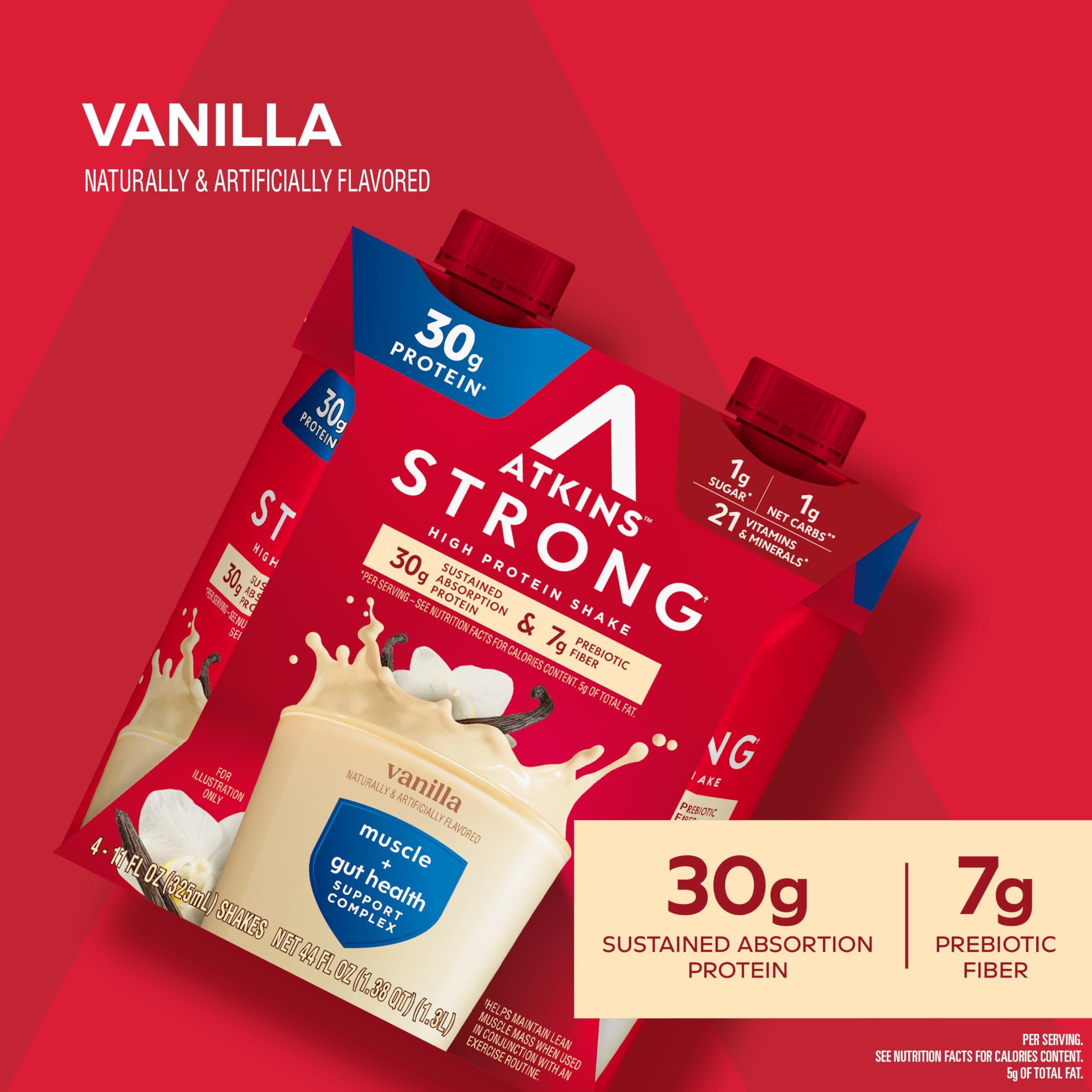 Atkins Strong High Protein Shake, Milk Chocolate, 30g Protein, 7g Prebiotic Fiber, 1g Sugar, GLP-1 Support, Muscle & Gut Health Support Complex, 12 Count