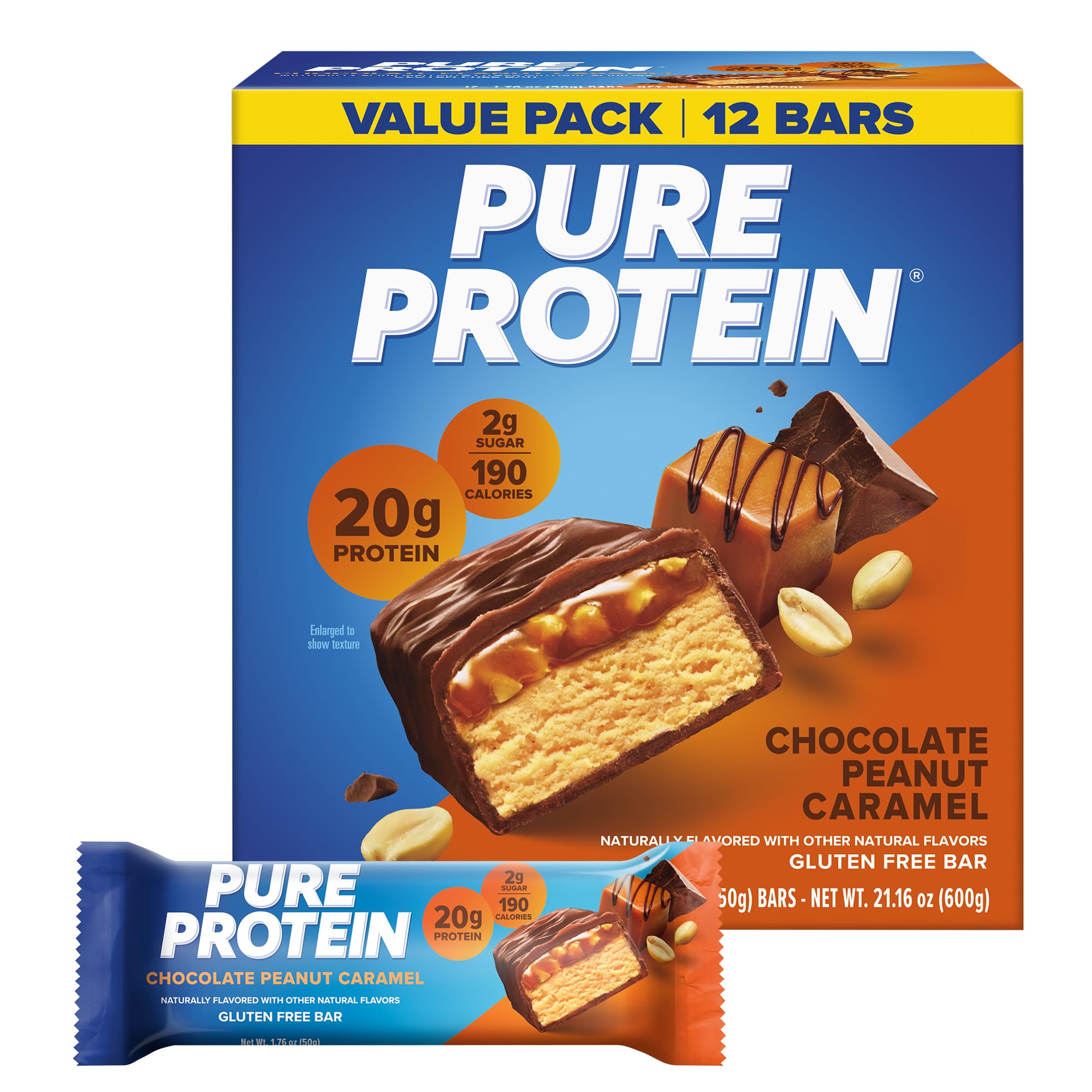 Pure Protein Chocolate Peanut Butter Protein Bars – 20g Protein, 3g Sugar, 190 Calories (12 count) Low Sugar* High Protein Snack - Gluten Free - Perfect for a Healthy Snack